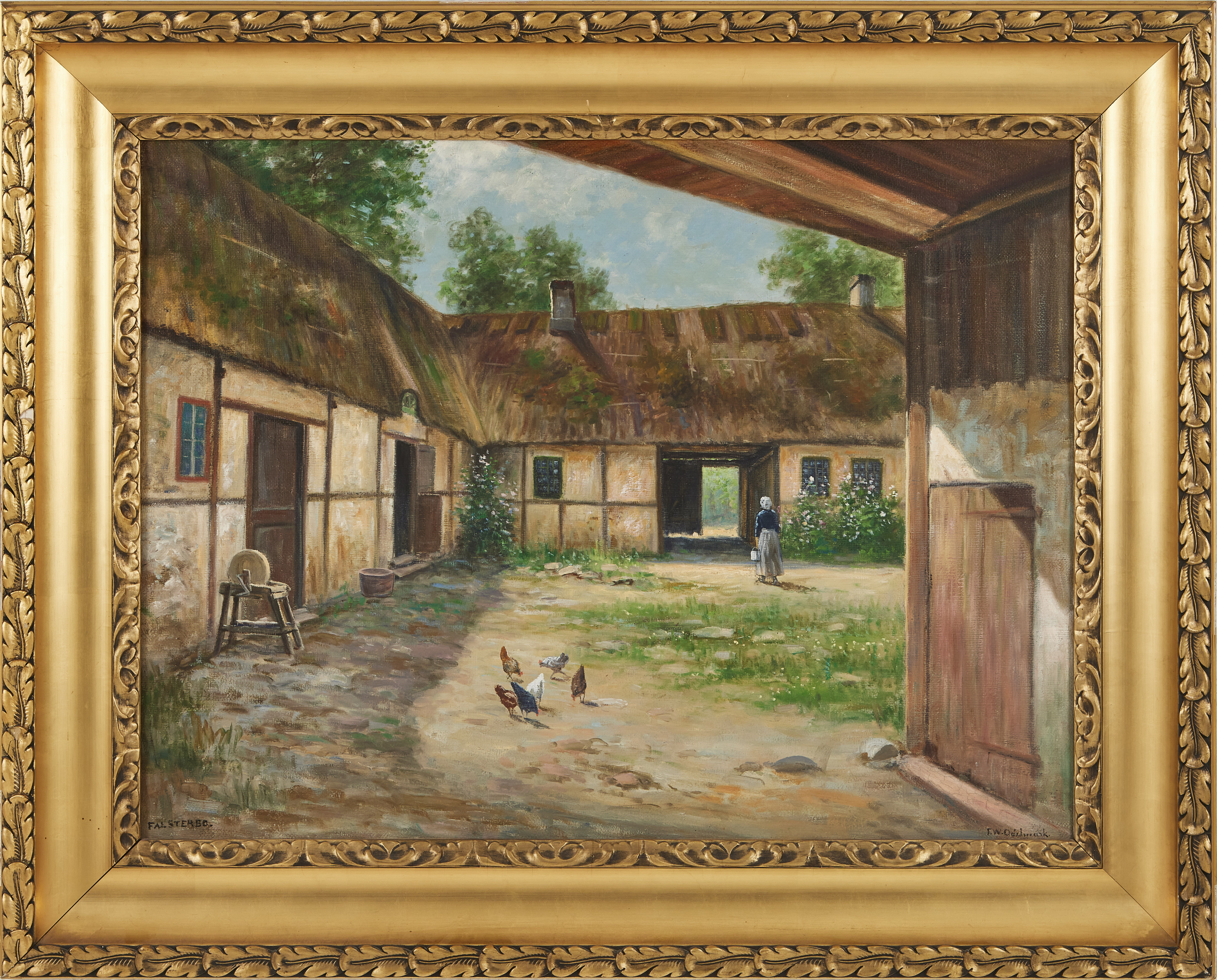 FRANS WILHELM ODELMARK. ''Falsterbo'', gårdsplan med höns, olja på duk, signerad F.W Odelmark.