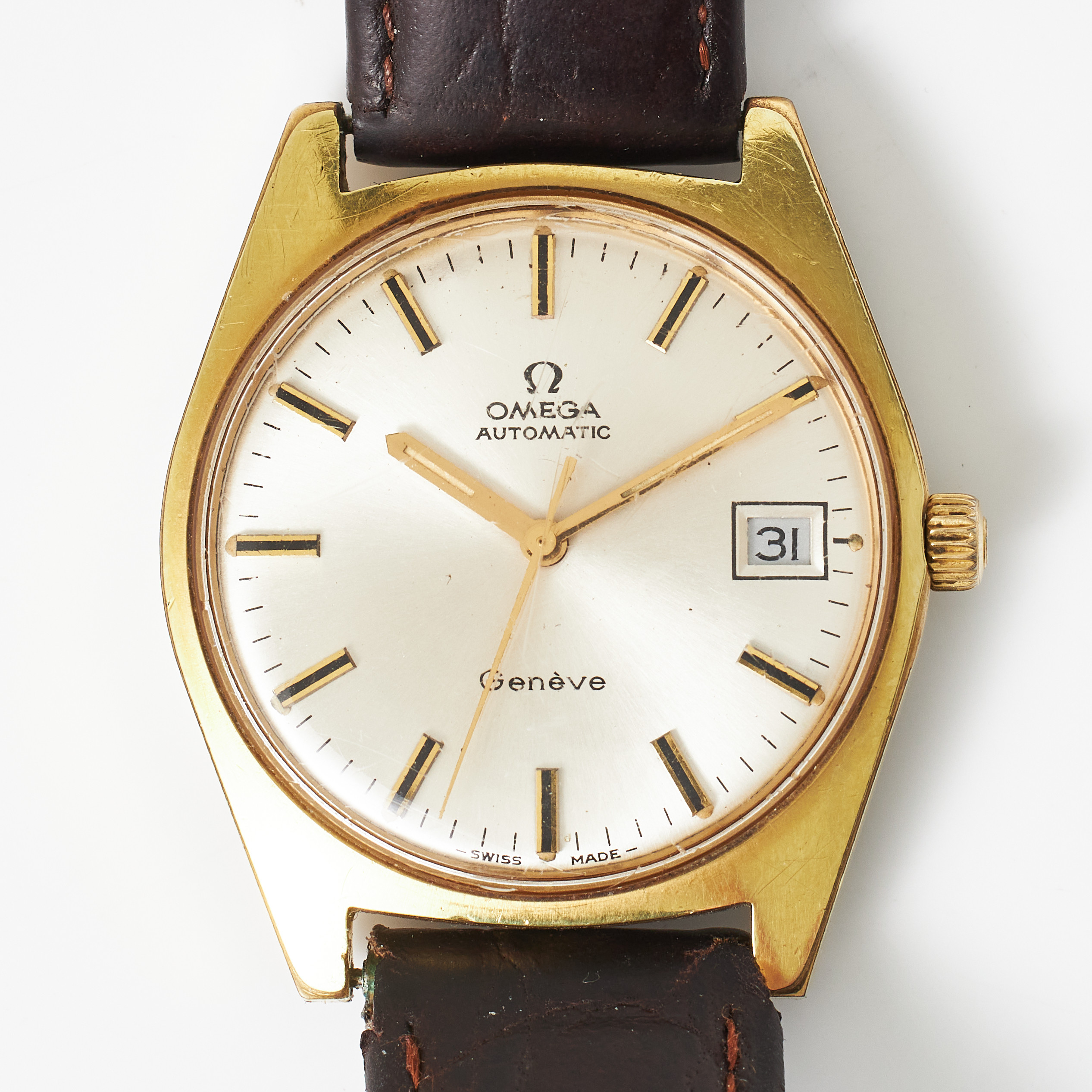 OMEGA, "Genève", armbandsur, guld på stål, automatisk, datum, plexiglas, 1970-tal.