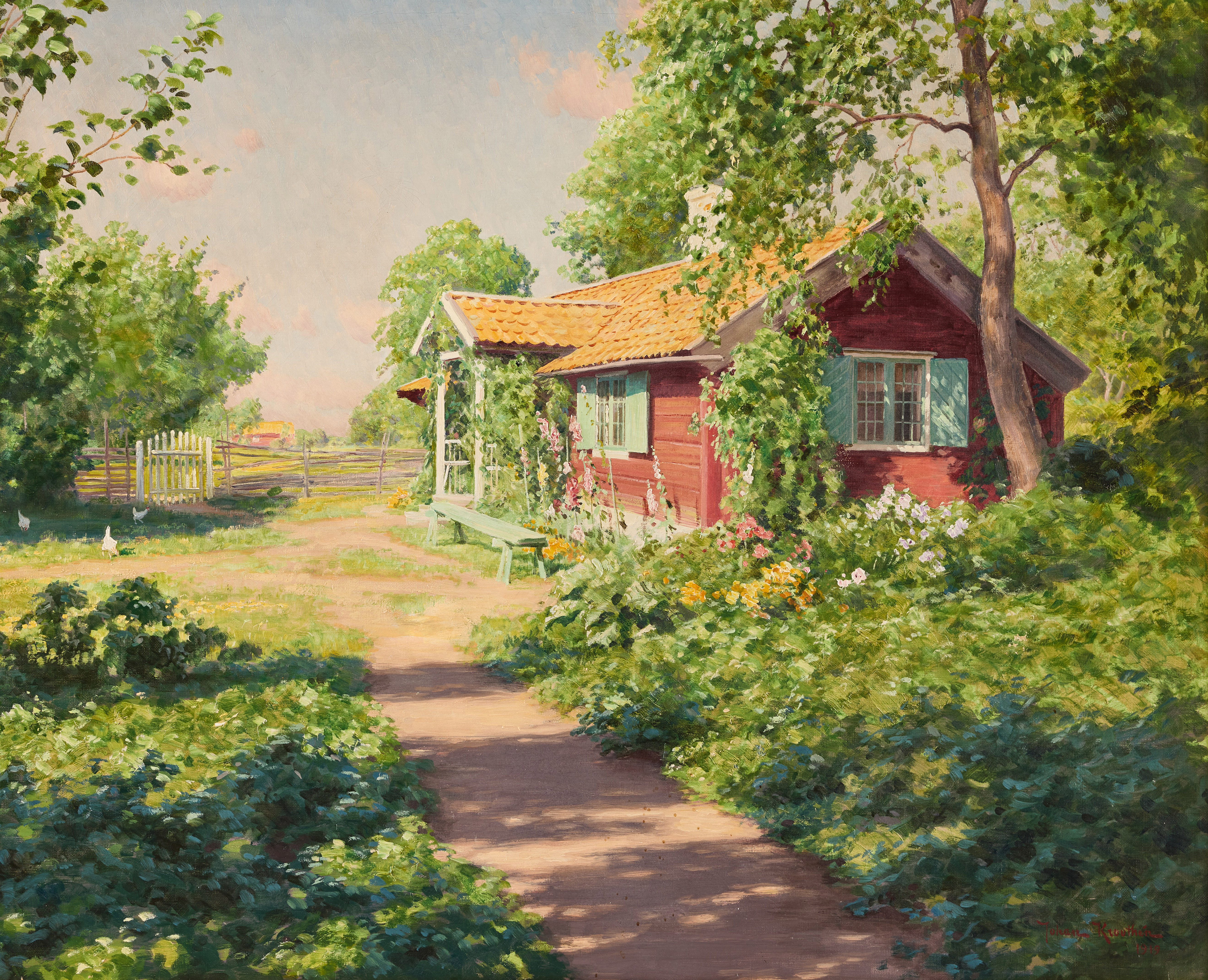 JOHAN KROUTHÉN. Gårdsplan med pickande höns.