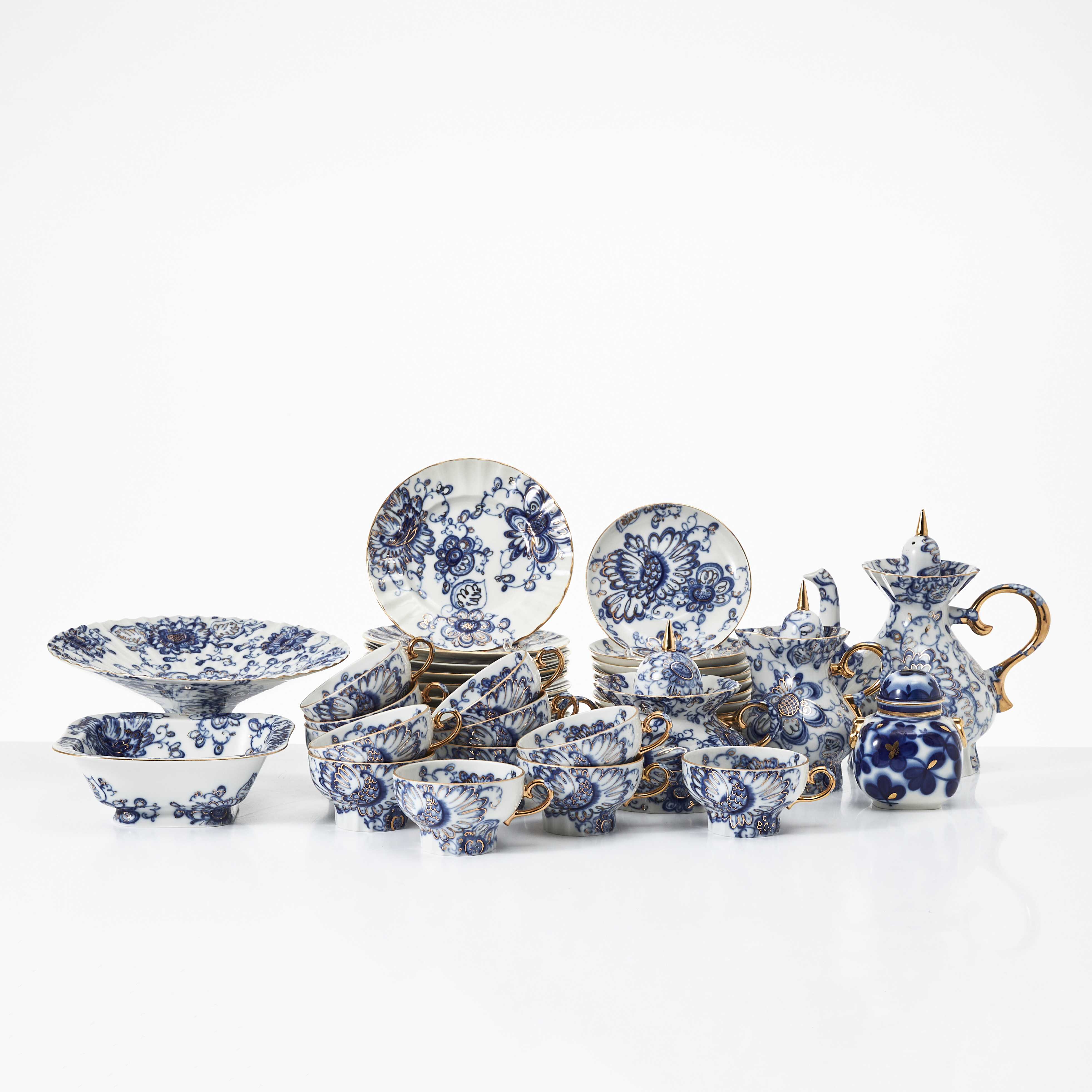 LOMONOSOV, "Singing Garden", teservis, 29 dlr., porslin, Ryssland, 1990-tal, dekor i blått och guld.