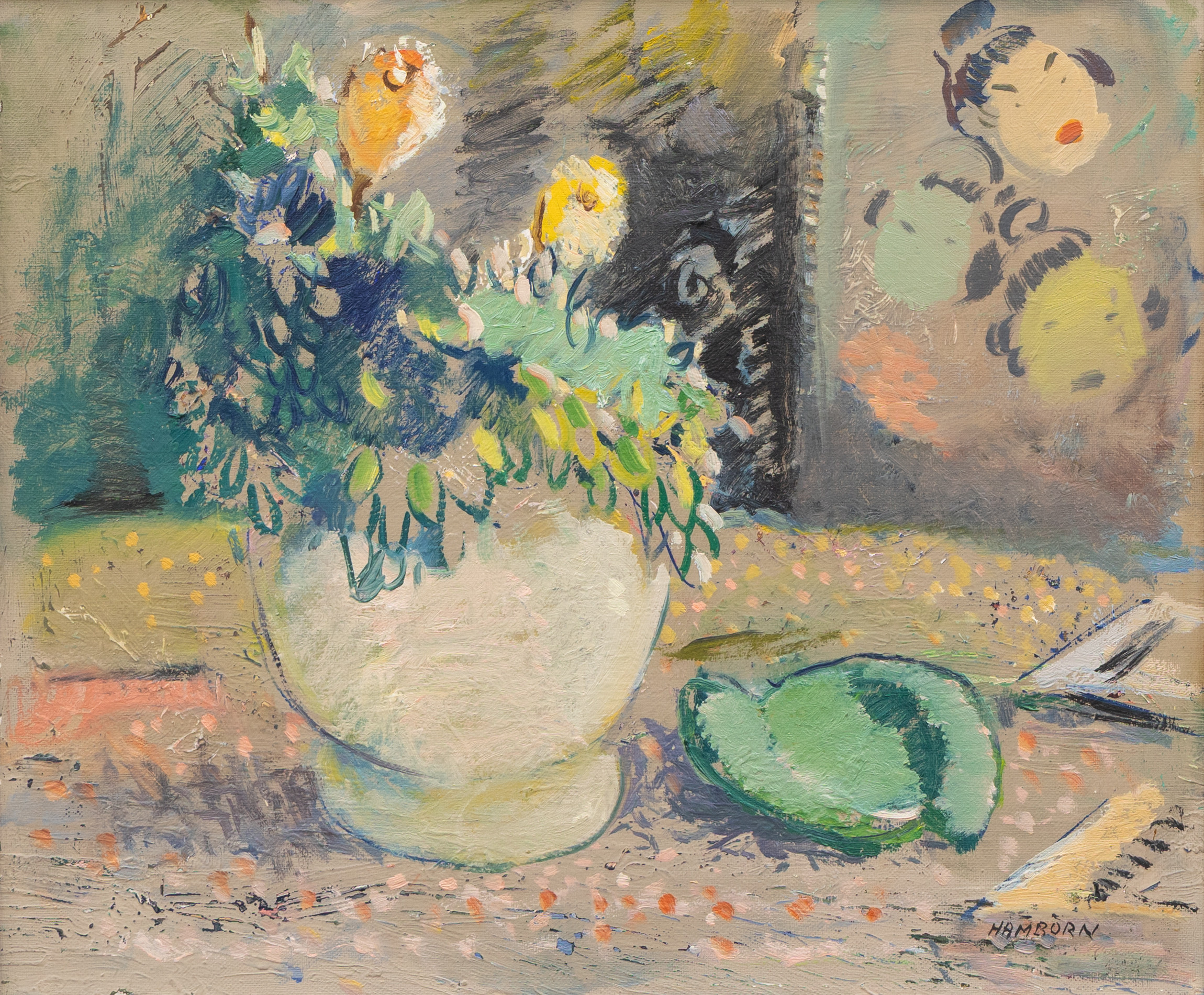 AXEL HAMBORN. "Stilleben med grön askkopp", olja på duk, signerad.