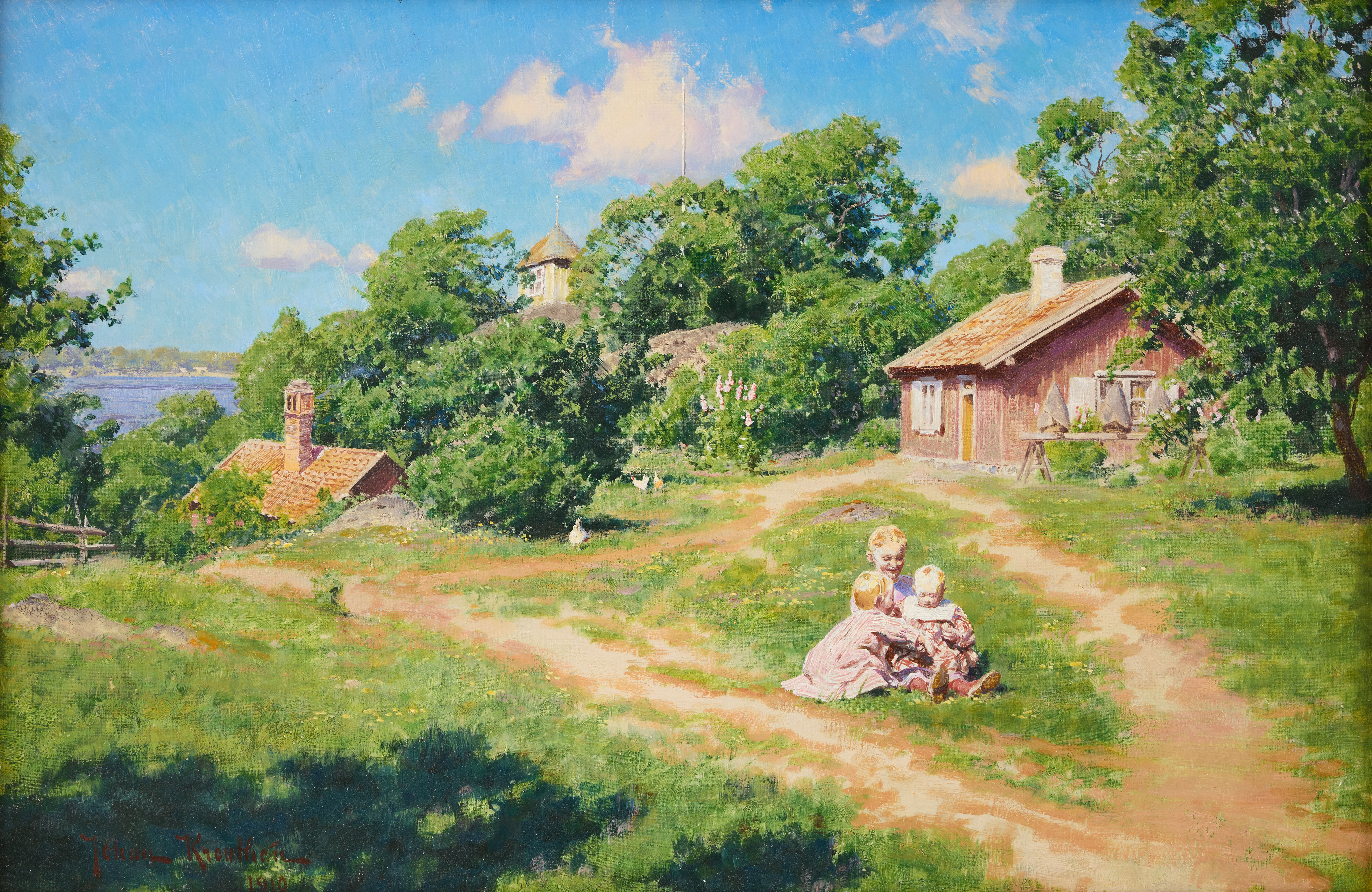 JOHAN KROUTHÉN. Gårdsplan med barn.