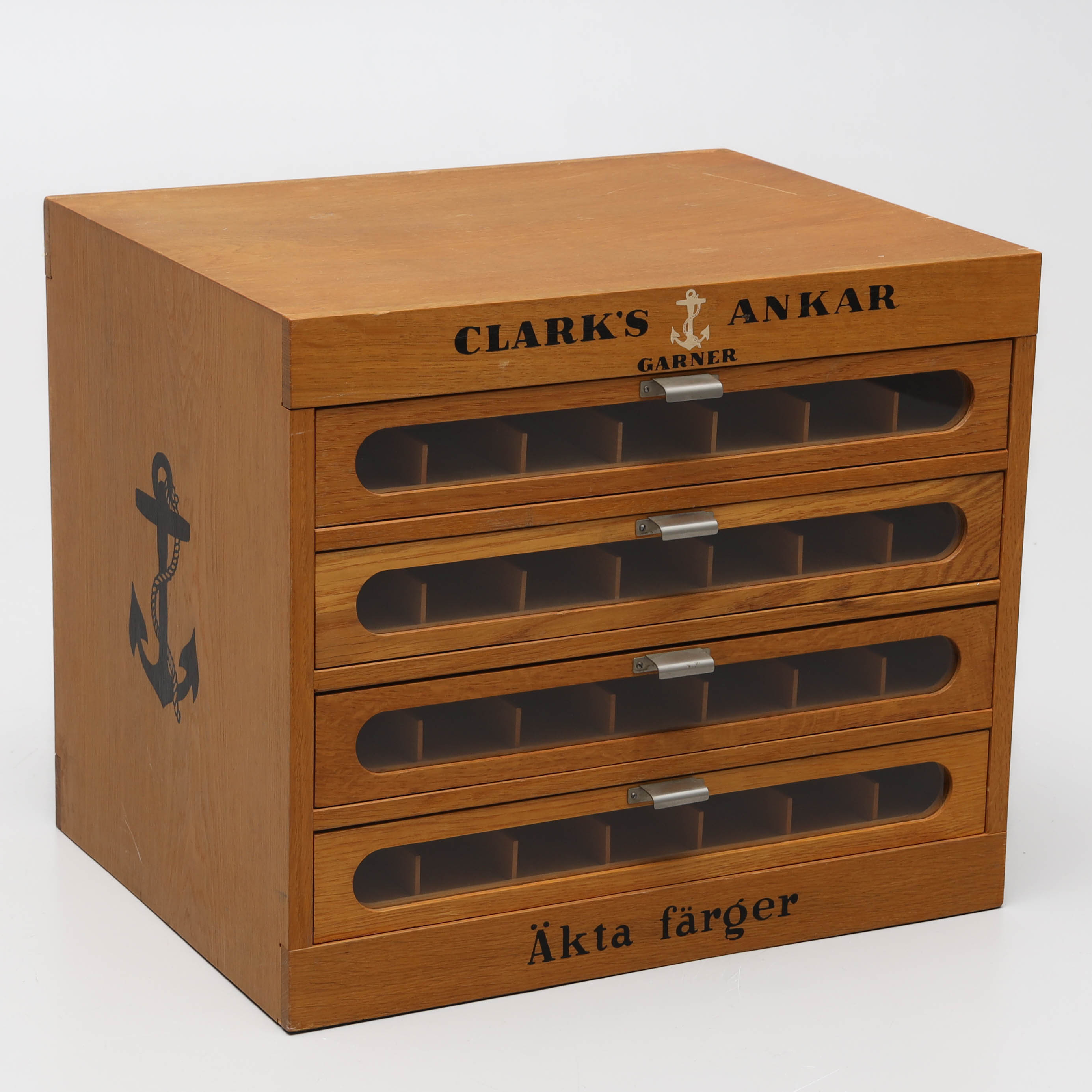 SCHATULL, för garn, trä, glas, Clarks Ankar Garner, kring 1900-talets mitt.