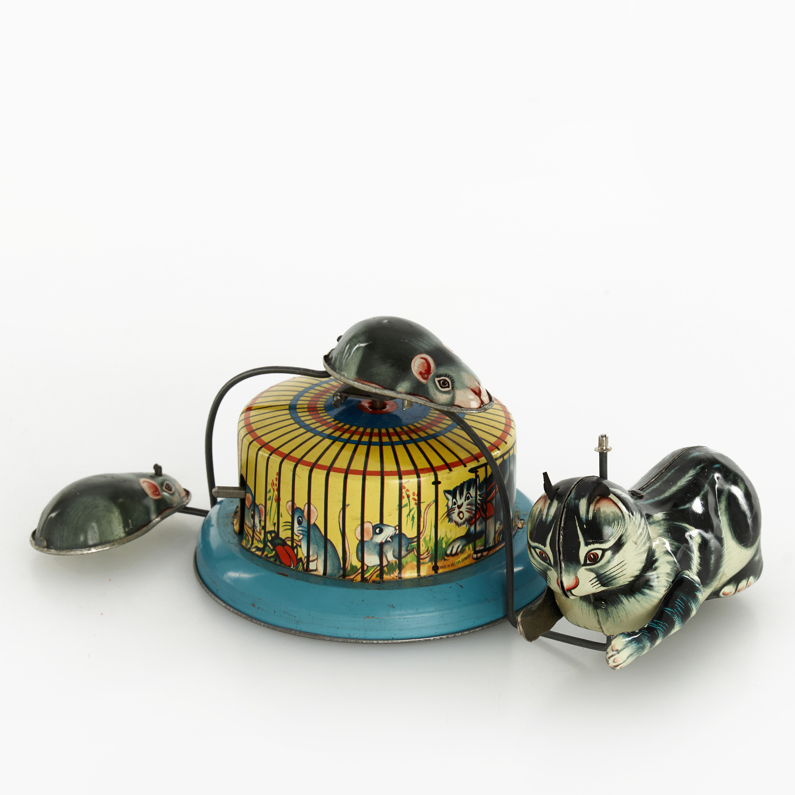 EMIL HAUSSMAN, "Kitty & Micky", litograferad plåt, urverk, originalkartong, Western Germany, 1950-tal.