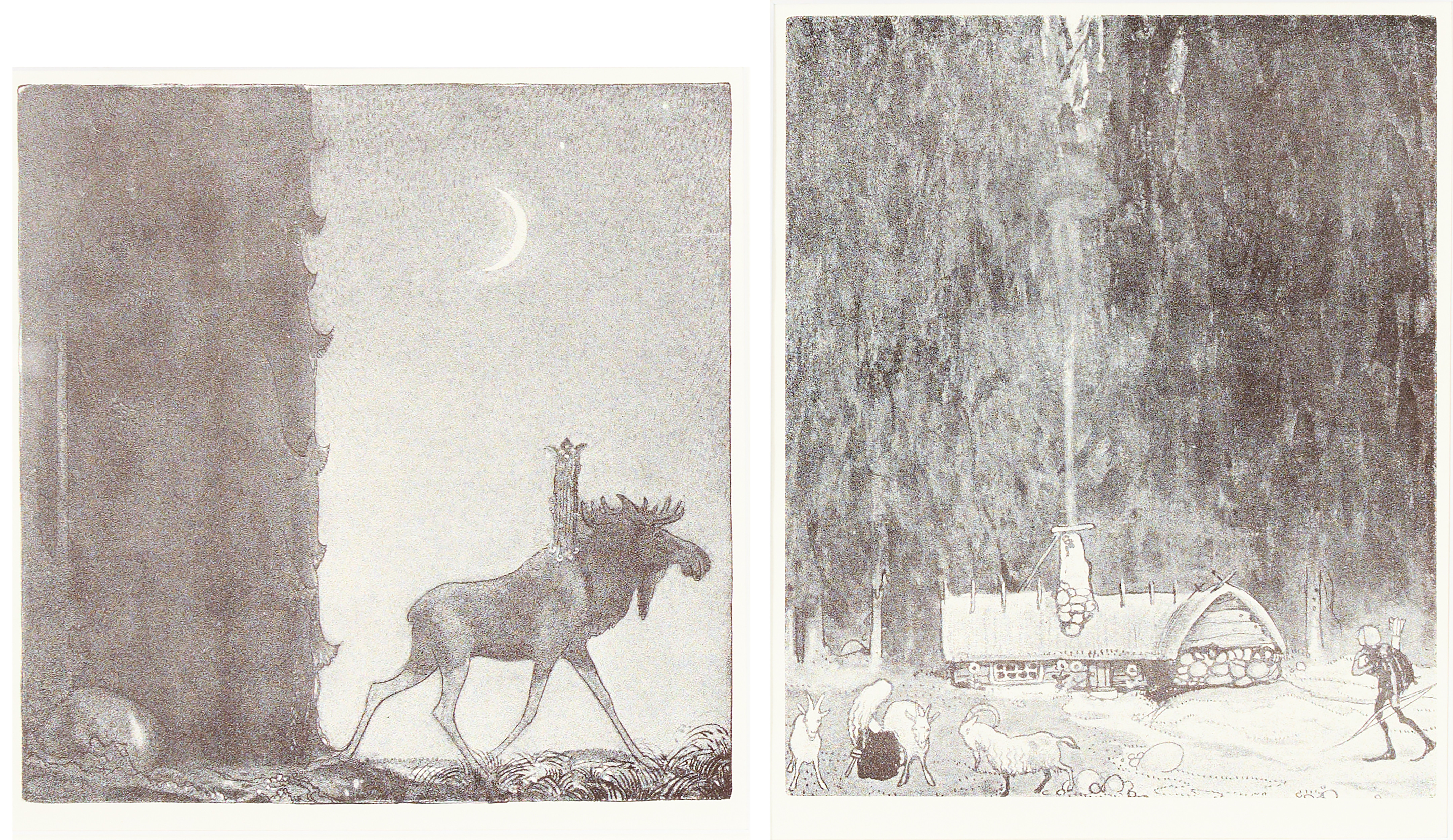 JOHN BAUER. EFTER. Mezzotypier, 2 st, ur boken "Trettio bilder i mezzotypi till ett urval sagor i bland Tomtar och troll åren 1907-1915", Åhlén & Åkerlunds förlag AB, Stockholm, 1918.