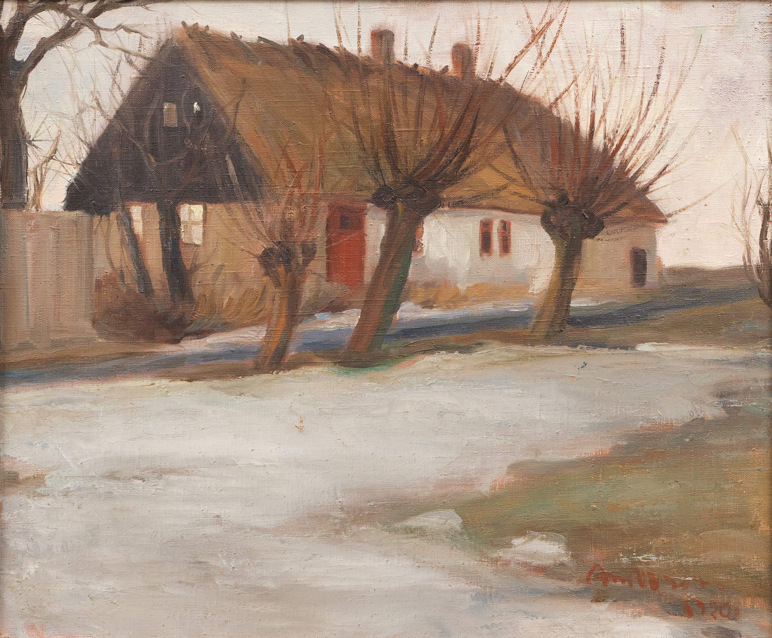 OIDENTIFIERAD KONSTNÄR. Skånelänga med pilträd, olja på duk, otydligt signerad och daterad 1920.