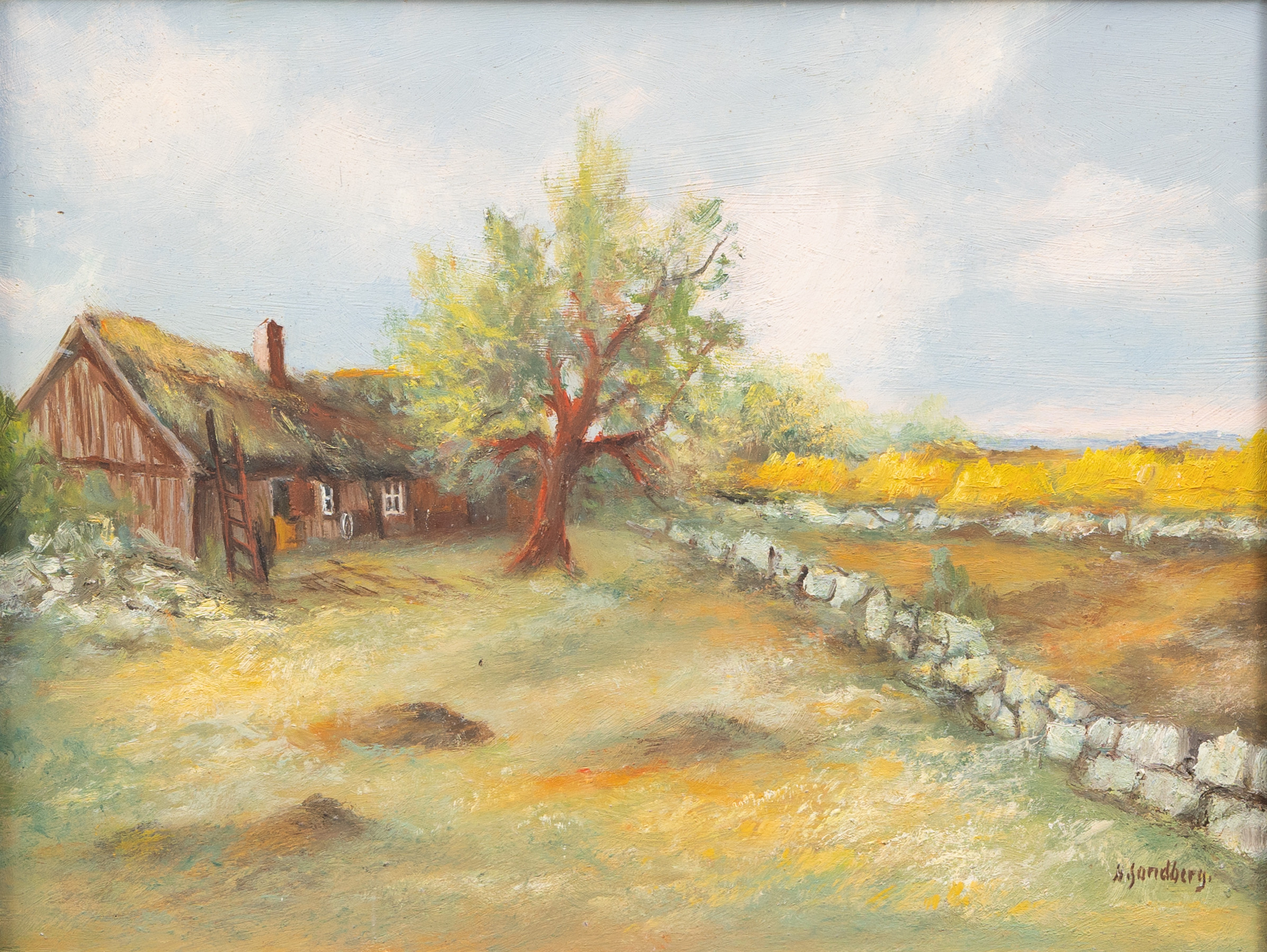 OIDENTIFIERAD KONSTNÄR. Gårdsmotiv, olja på pannå, signerad H. Sandberg.