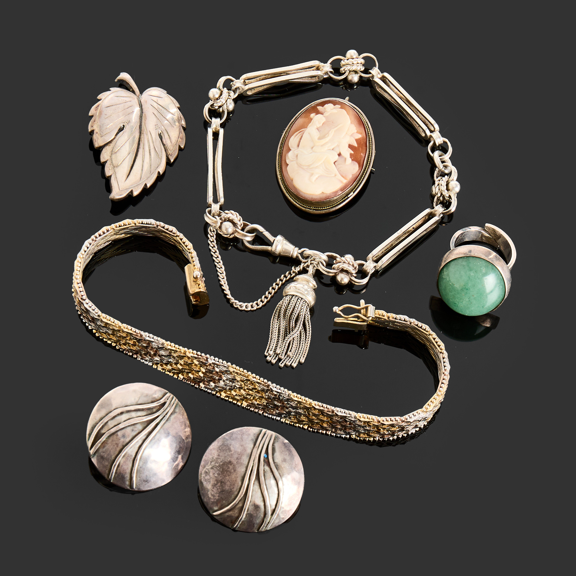 PARTI SILVERSMYCKEN, 6 delar, armband, ring, örhängen, broscher.