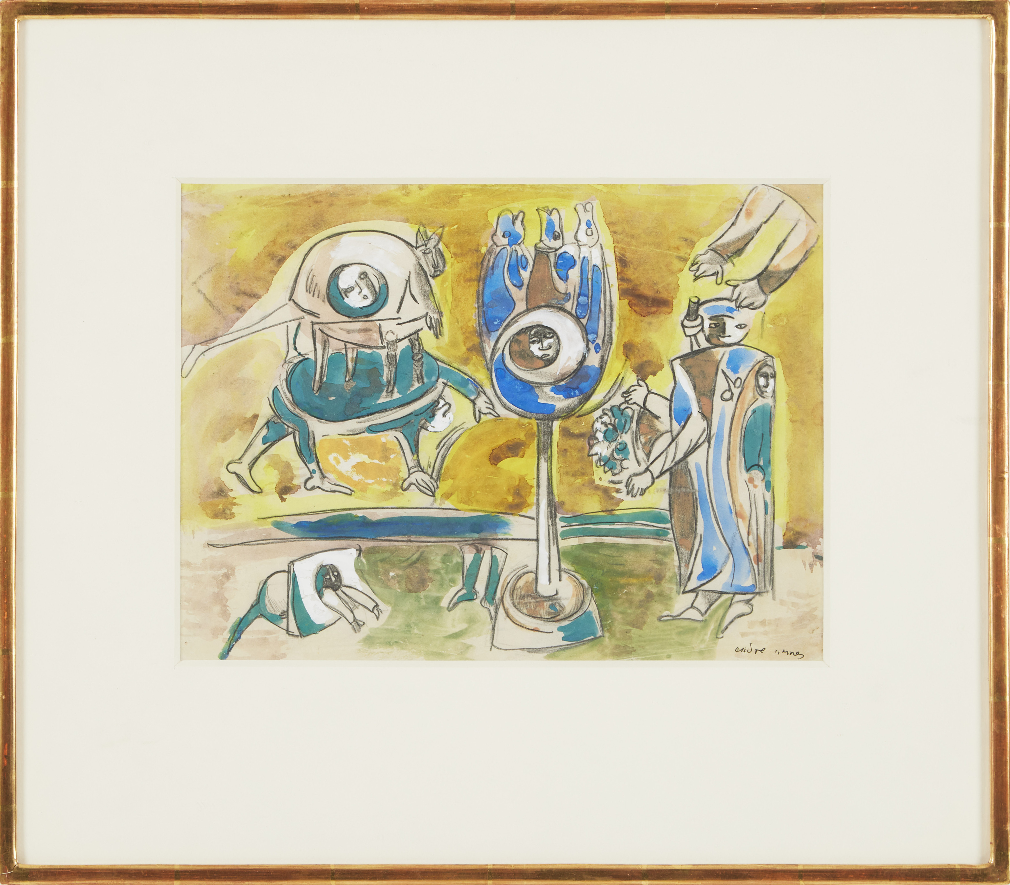 ENDRE NEMES. (Ungern/Sverige, 1909-1985), "Ovanlig Ritual". signerad, akvarell och blyerts.