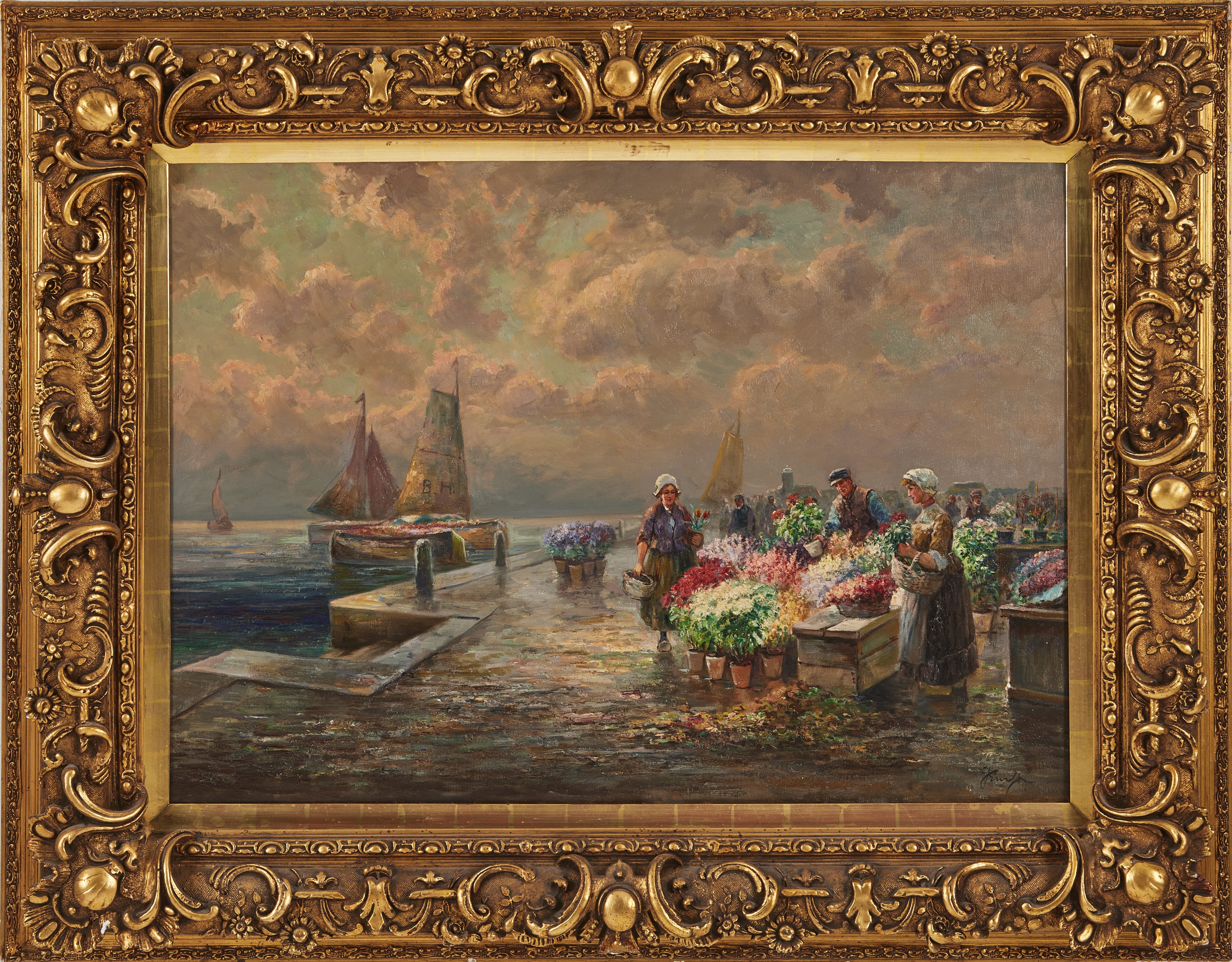 GUSTAV PRUCHA. Blomstermarknad Italien, olja på duk, signerad.