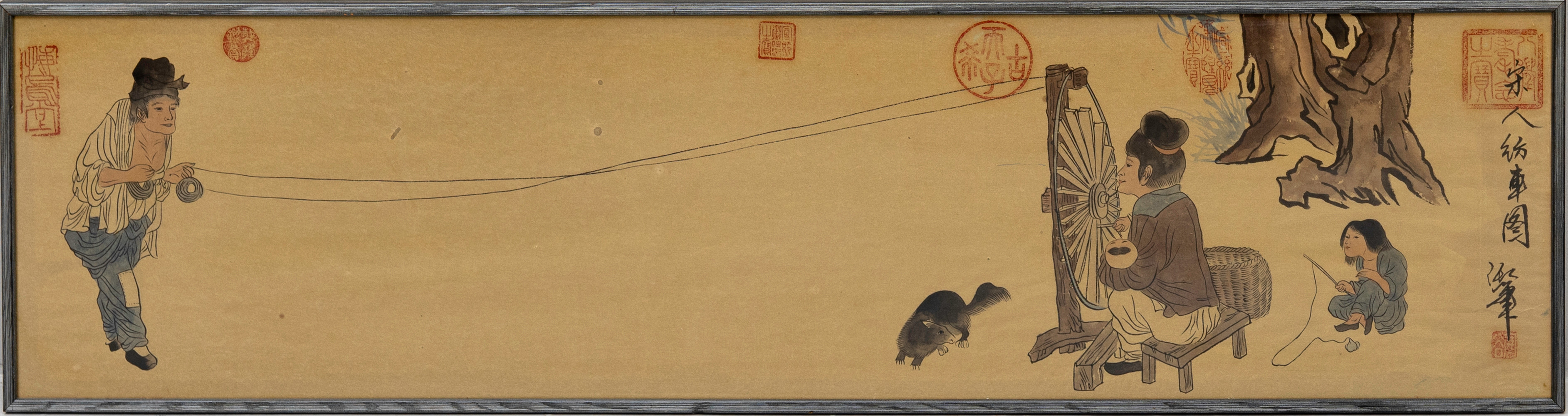 OIDENTIFIERAD KONSTNÄR. "figurkomposition med väverskor" , akvarell, märkt med bla Qianlongs märke. Kina, 1900-tal.