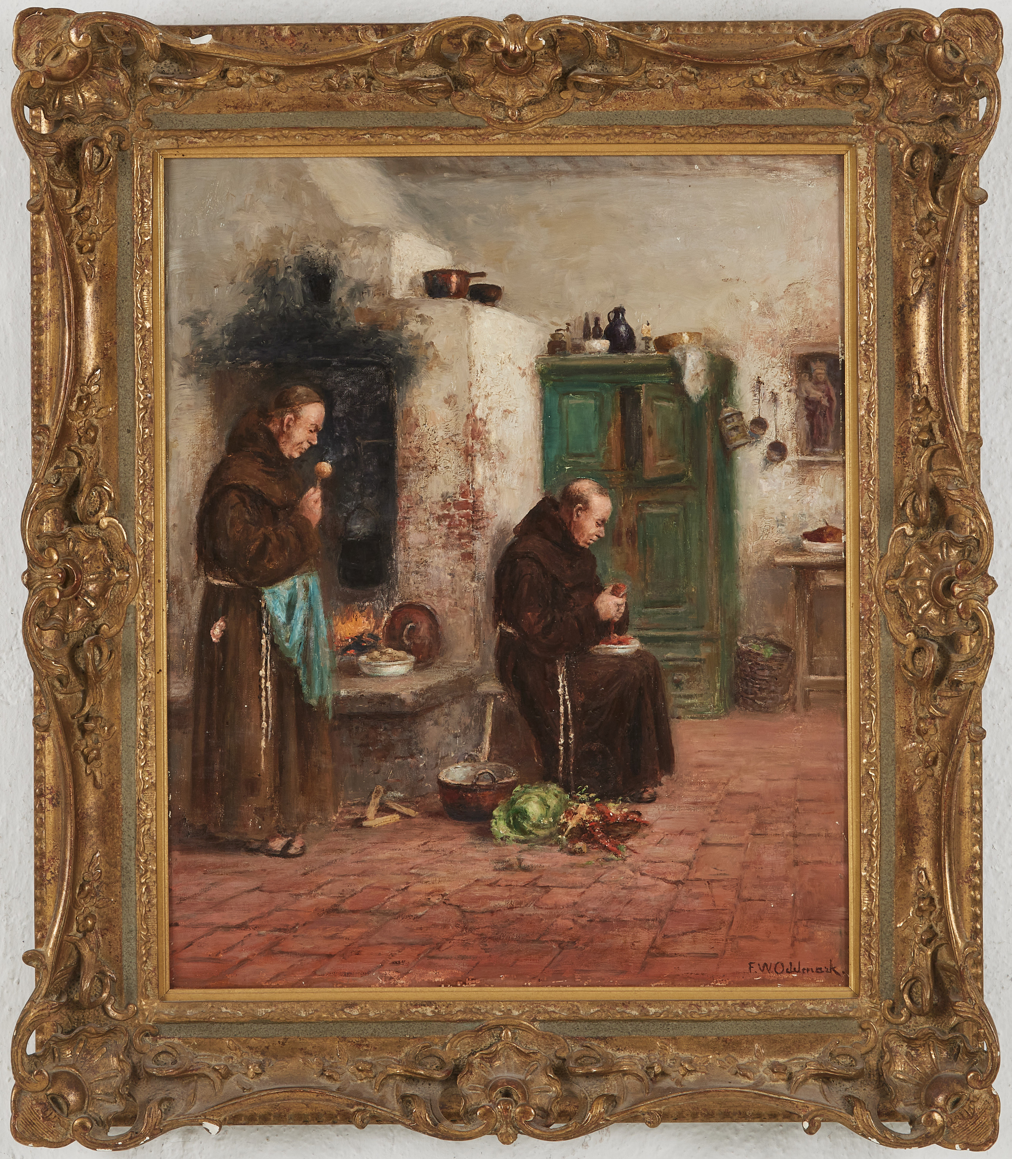 FRANS WILHELM ODELMARK. Munkar i kök, olja på duk, signerad.