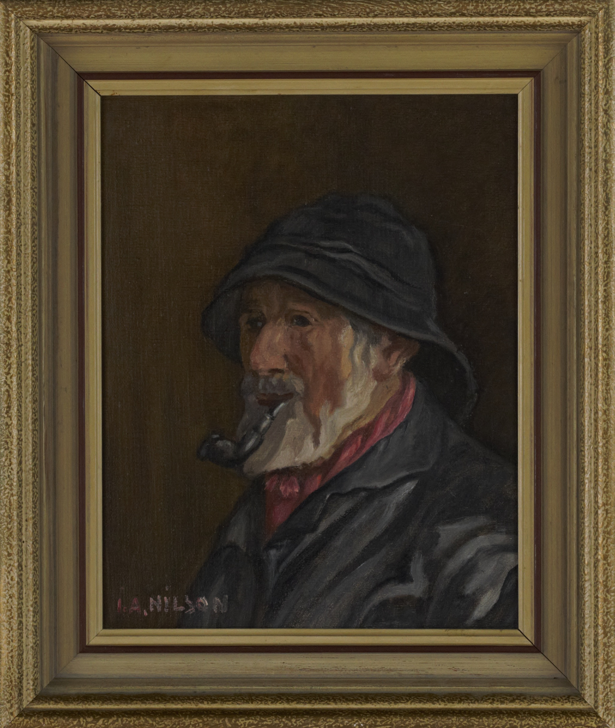 OIDENTIFIERAD KONSTNÄR. Olja på duk, fiskargubbe, signerad I.A. Nilsson.