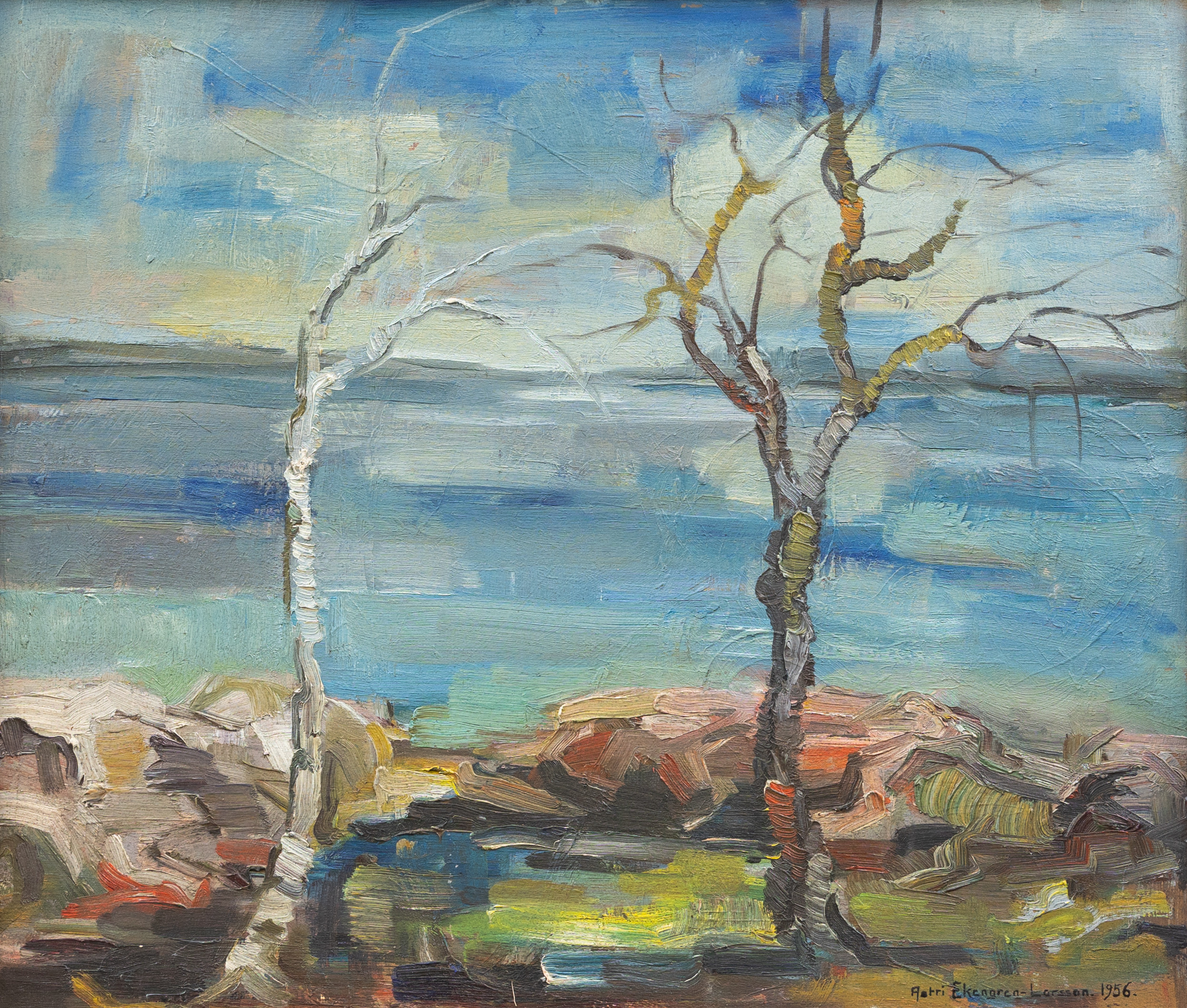 ASTRI EKENGREN–LARSSON. Kustlandskap, olja pannå, signerad och daterad 1956.