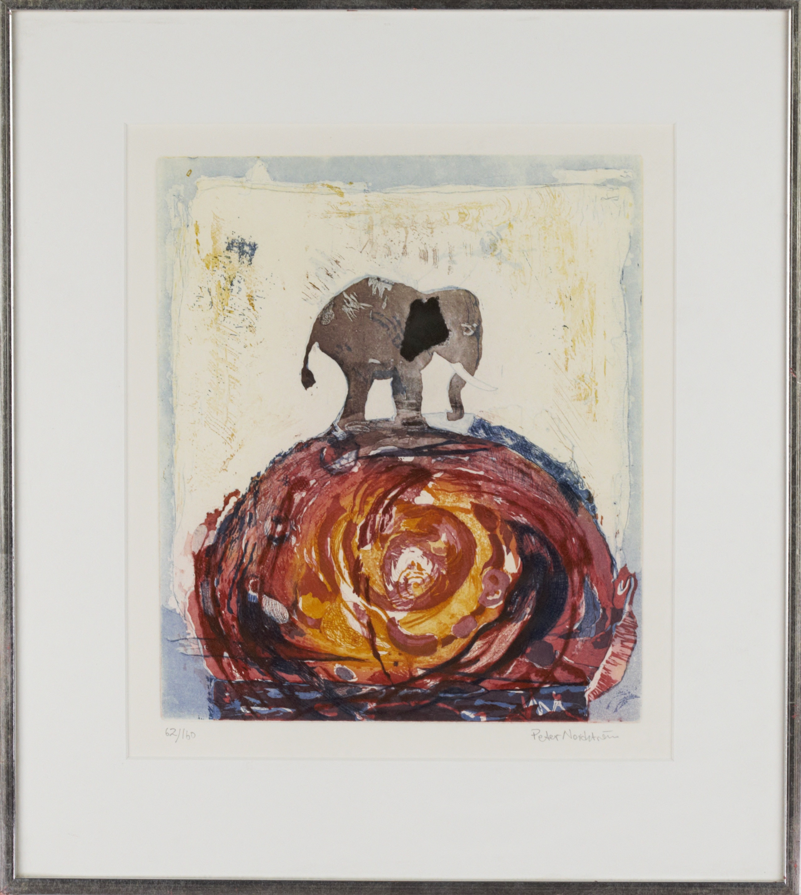 PETER NORDSTRÖM. Litografi, 62/160, komposition med elefant, signerad.