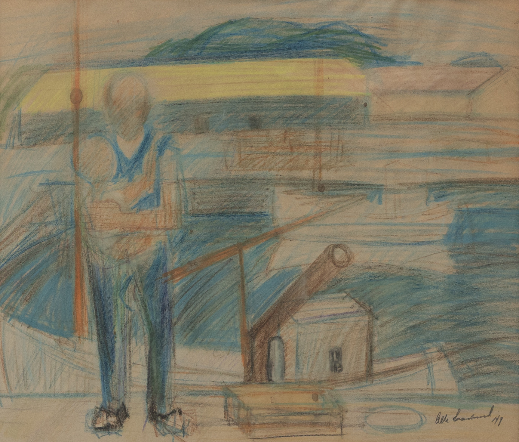 OLLE SVANLUND. Fiskare med barn i famn, blandteknik, signerad och daterad -49.