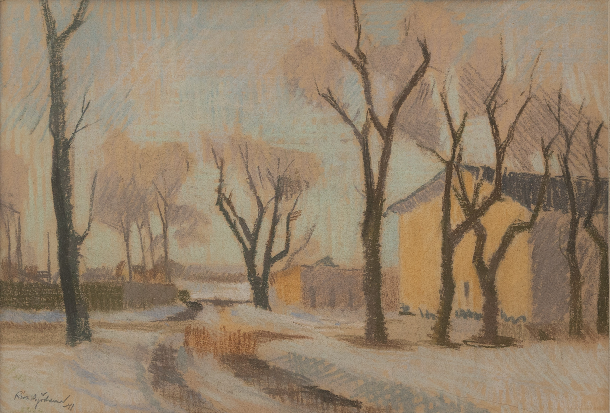 RICHARD BJÖRKLUND. "Vinterbild", blandteknik, signerad och daterad -41.