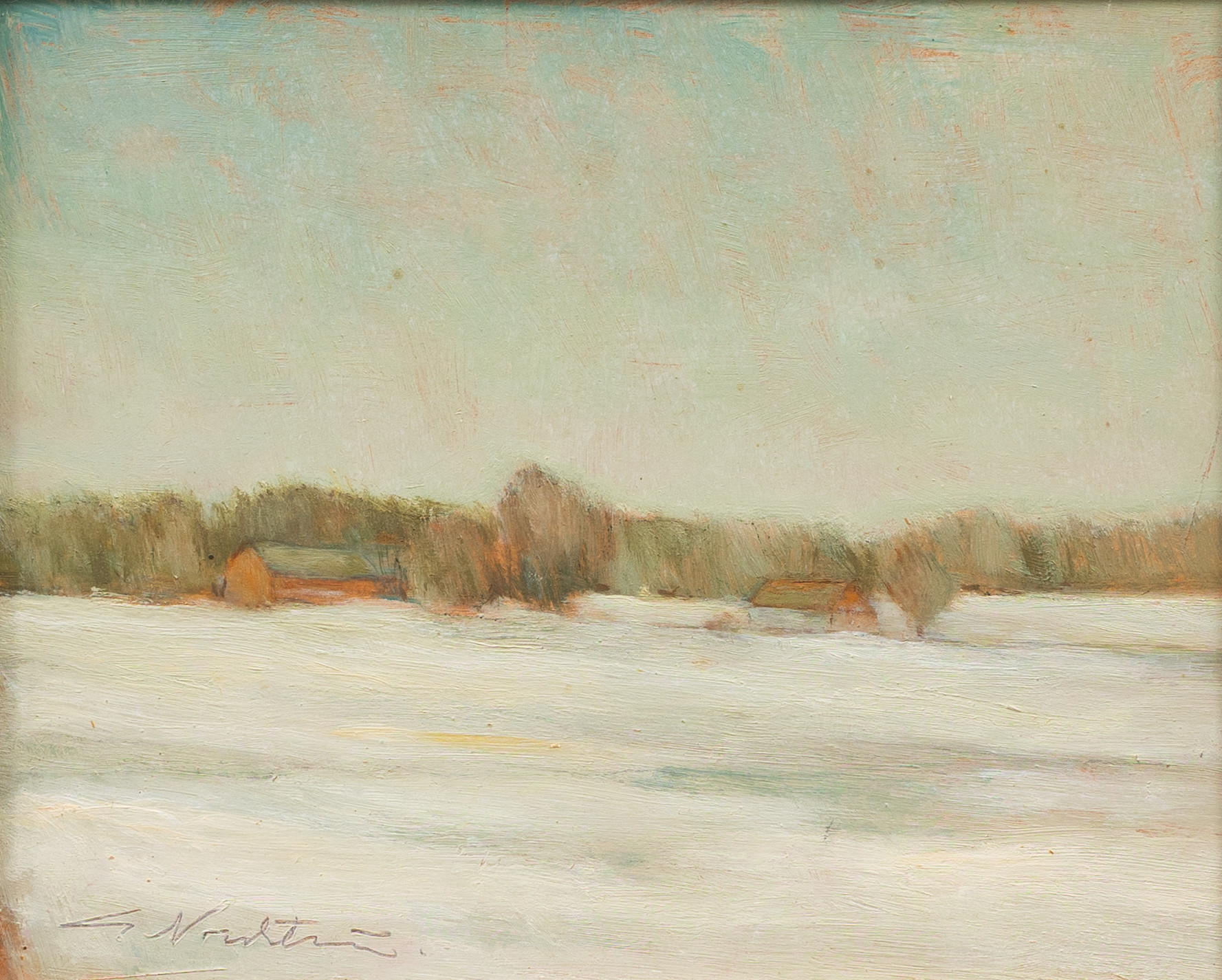 GUNNAR NORDSTRÖM (1921-2021). Landskap med hus, olja på pannå, signerad.