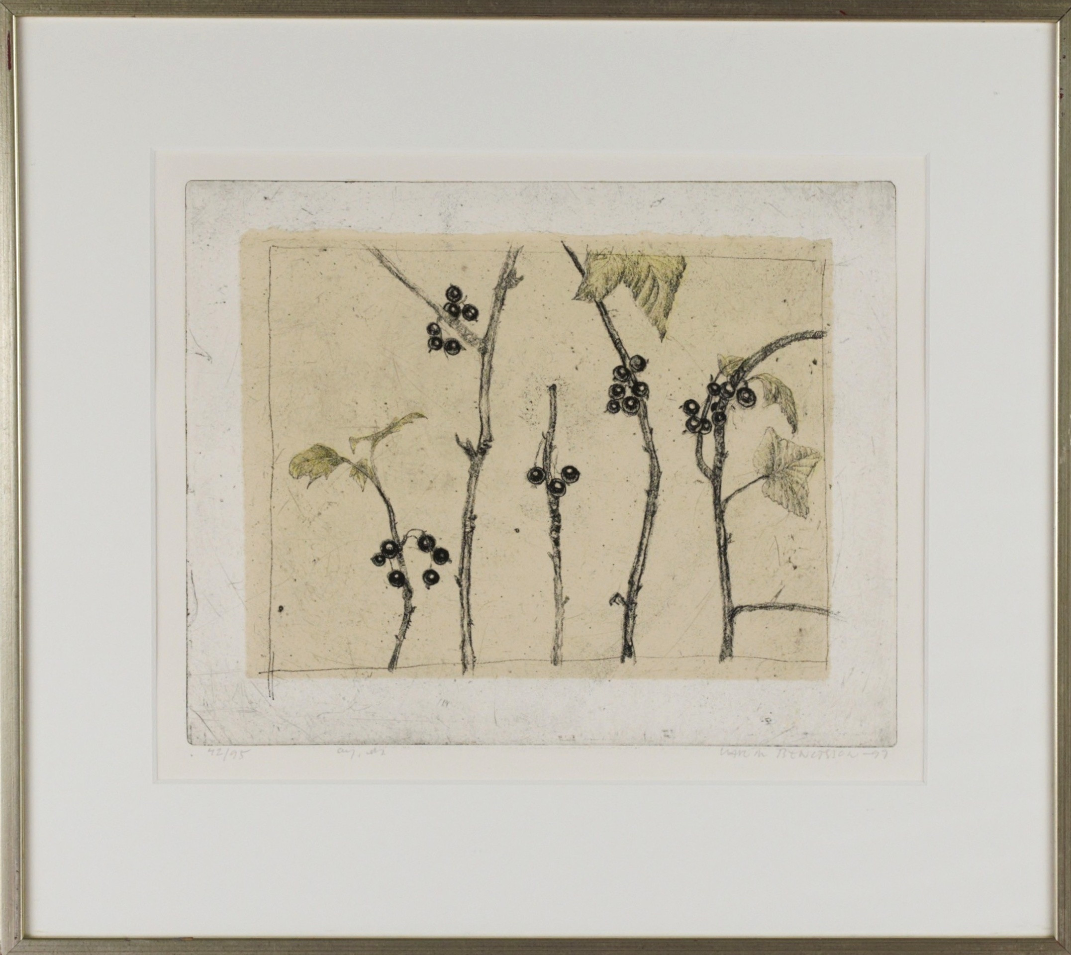 KARIN BENGTSSON. Etsning, vinbärsgrenar, signerad,-99.