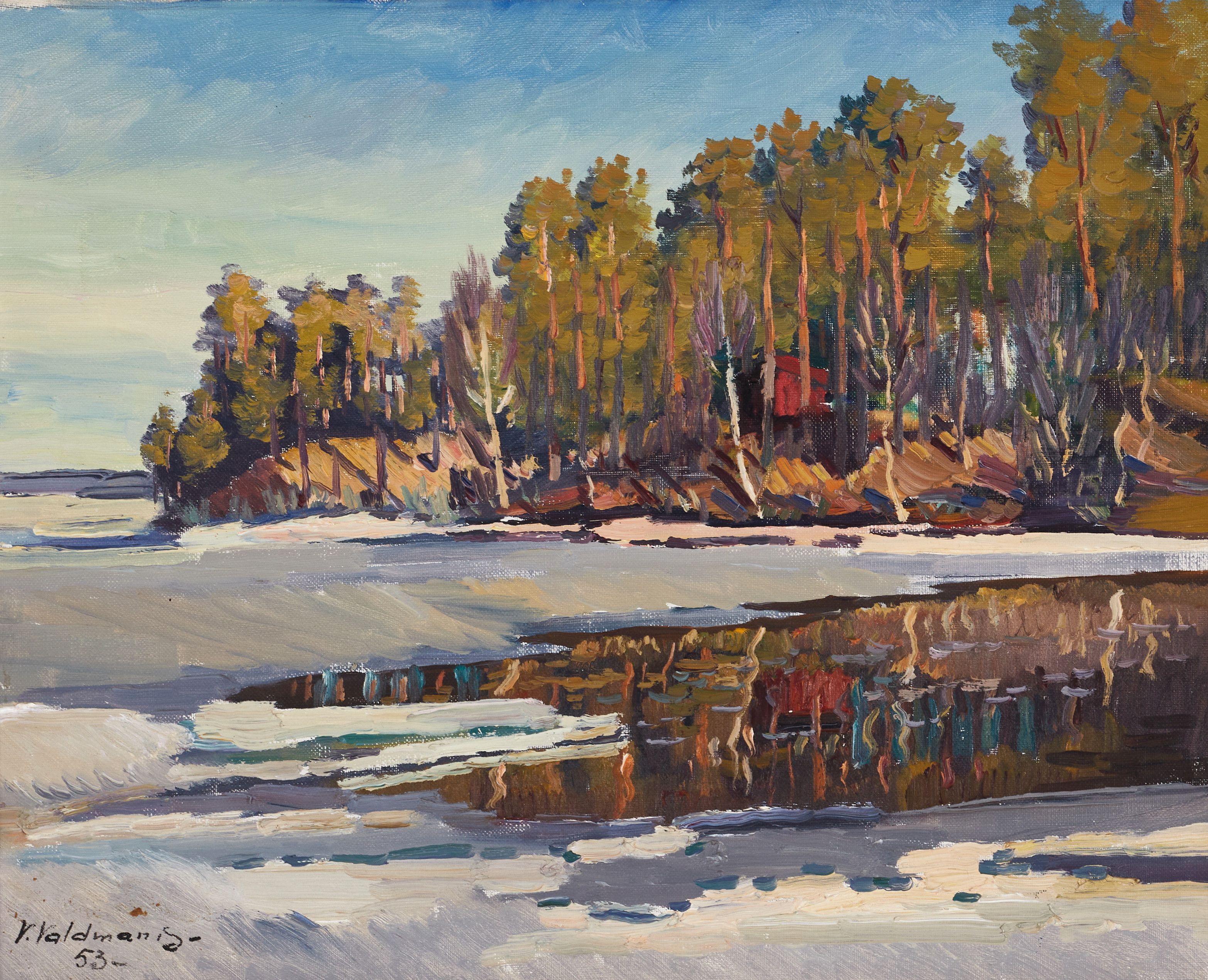 VILIS REINIS VALDMANS (LETTLAND 1906-1980). Röd stuga på udden, signerad och daterad V Valdmans 53, olja på duk.