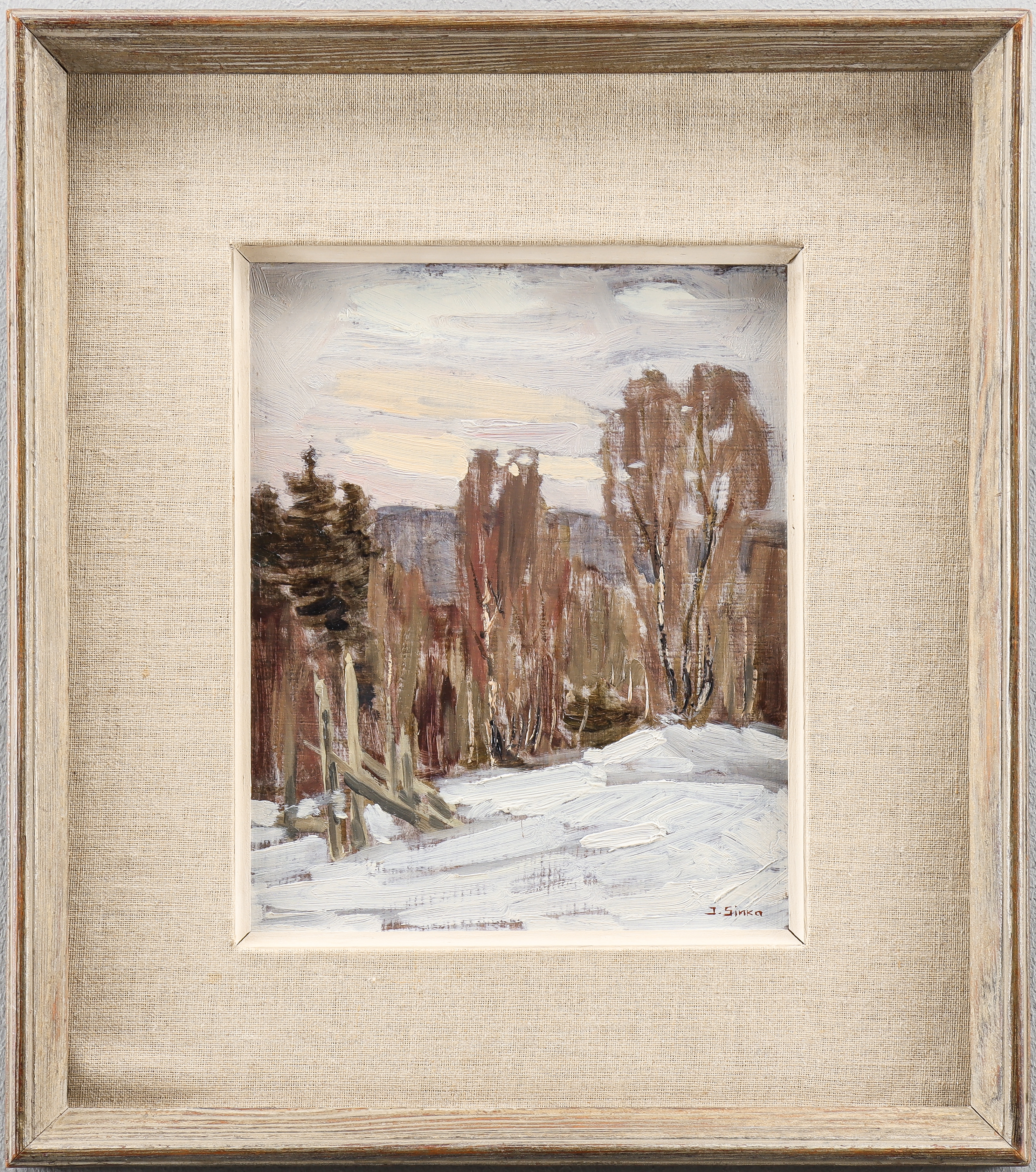 IMANTS SINKA. "Vinterlandskap", olja på pannå, signerad.