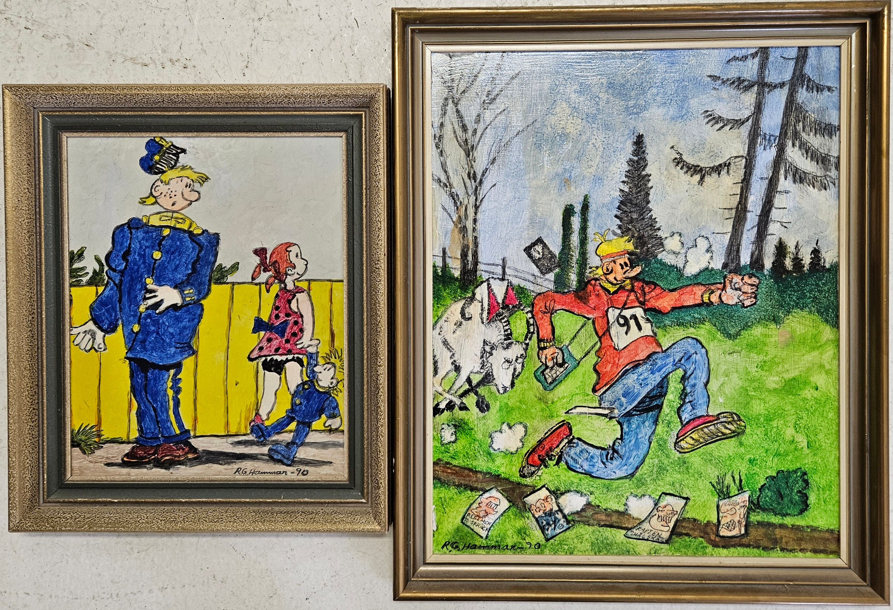 OIDENTIFIERAD KONSTNÄR. Motiv med 91:an Karlsson. Blandteknik, 2 st, signerade och daterad RG Hammar -90.