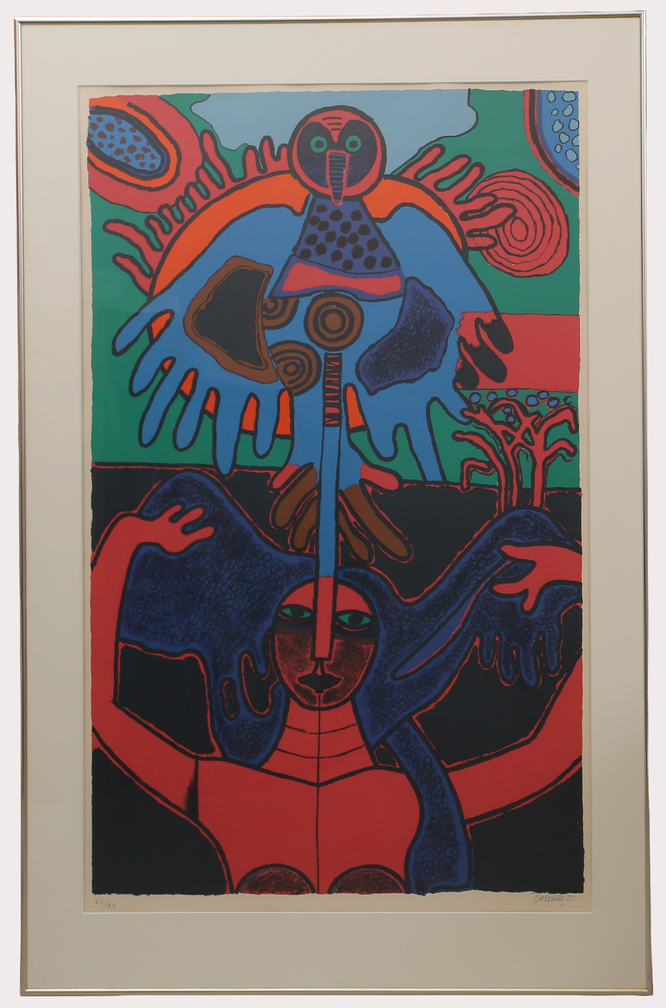 BEVERLOO CORNEILLE. Färgserigrafi, "Soleil Levant" kvinna med fågel numrerad 12/20, signerad, daterad 1985.