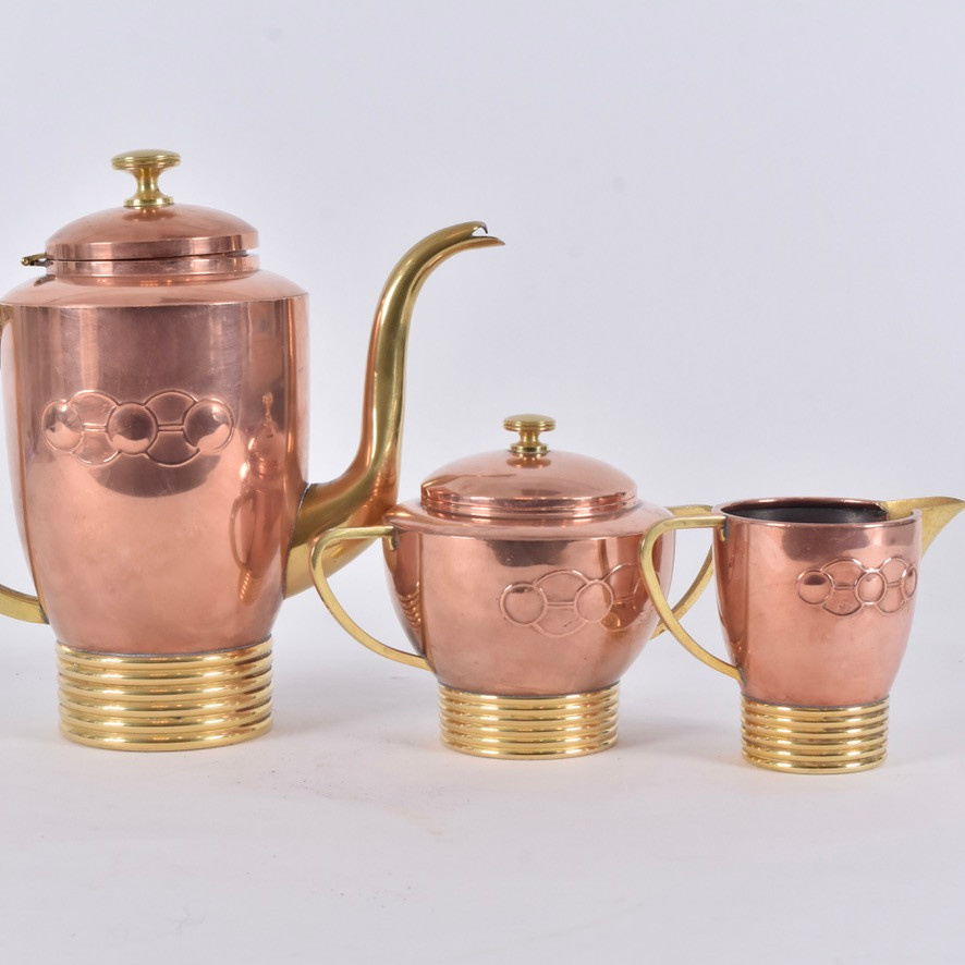 KAFFESERVIS, 3 delar, koppar/mässing, jugend.