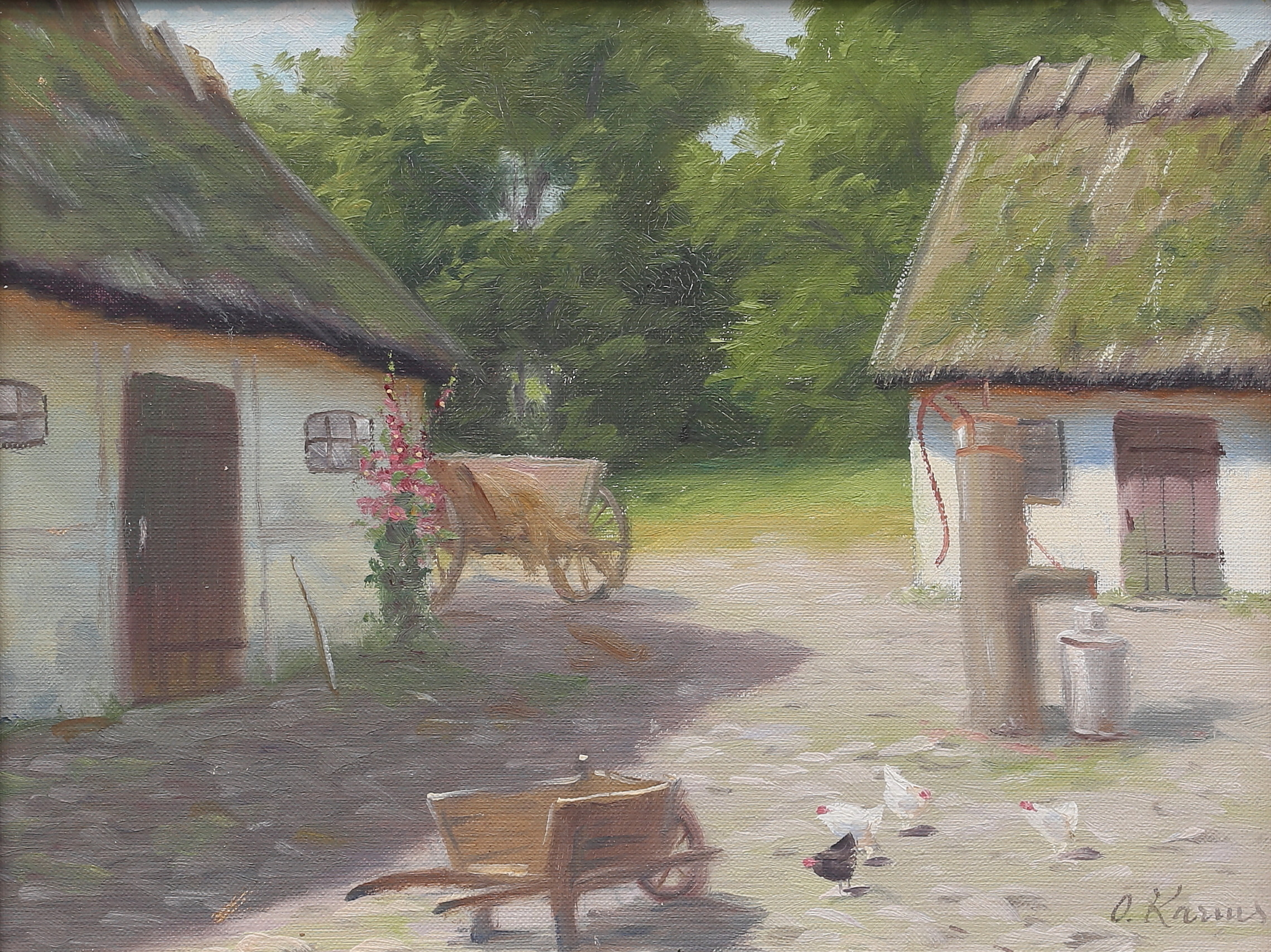 OSVALD KARMS. Olja på duk, gård med höns, signerad.