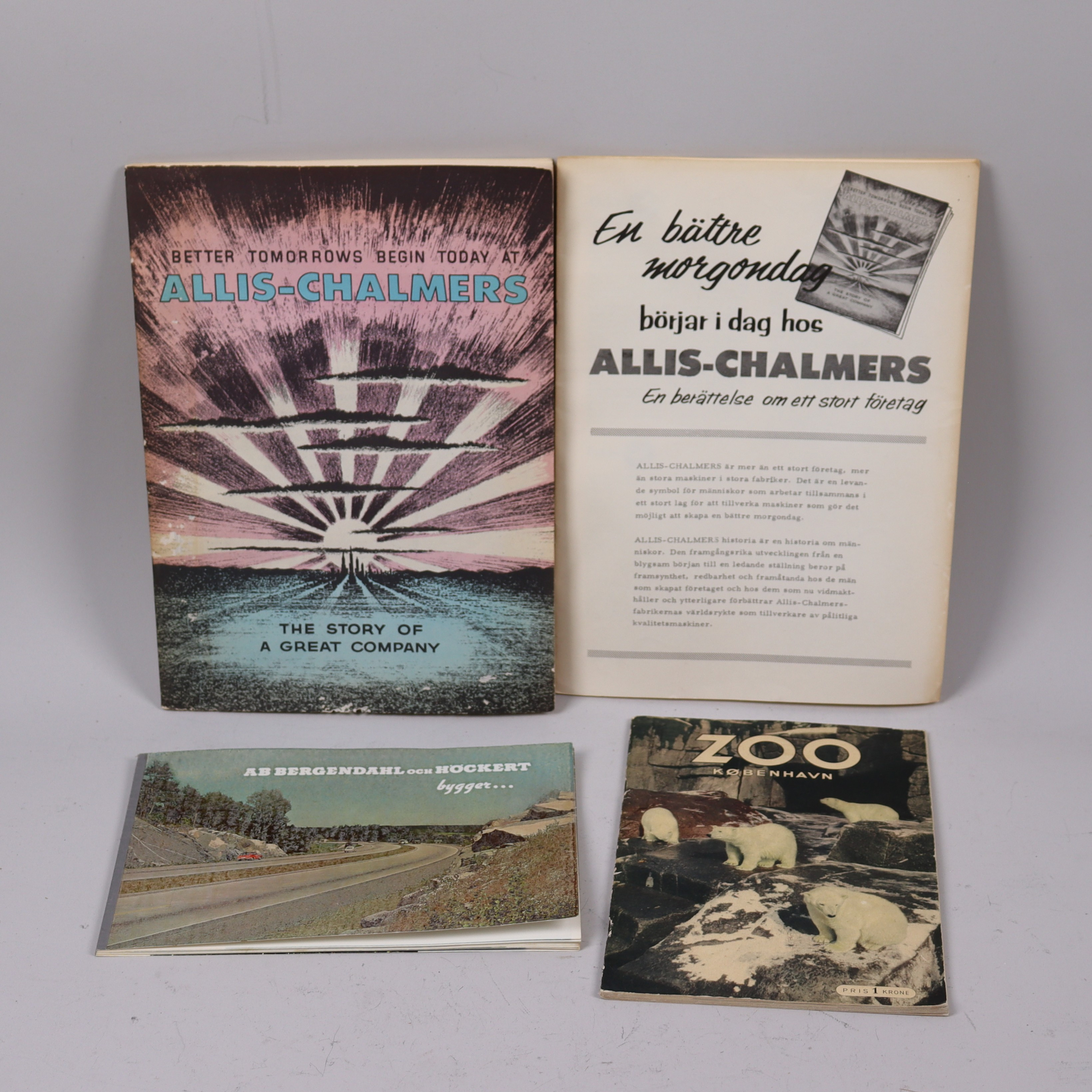 REKLAMBROSHYRER, Allis-Chalmers (Svenska Traktor AB), Köpenhamns Zoo samt AB Bergendahl och Höckert, 1950-tal, 4 st.
