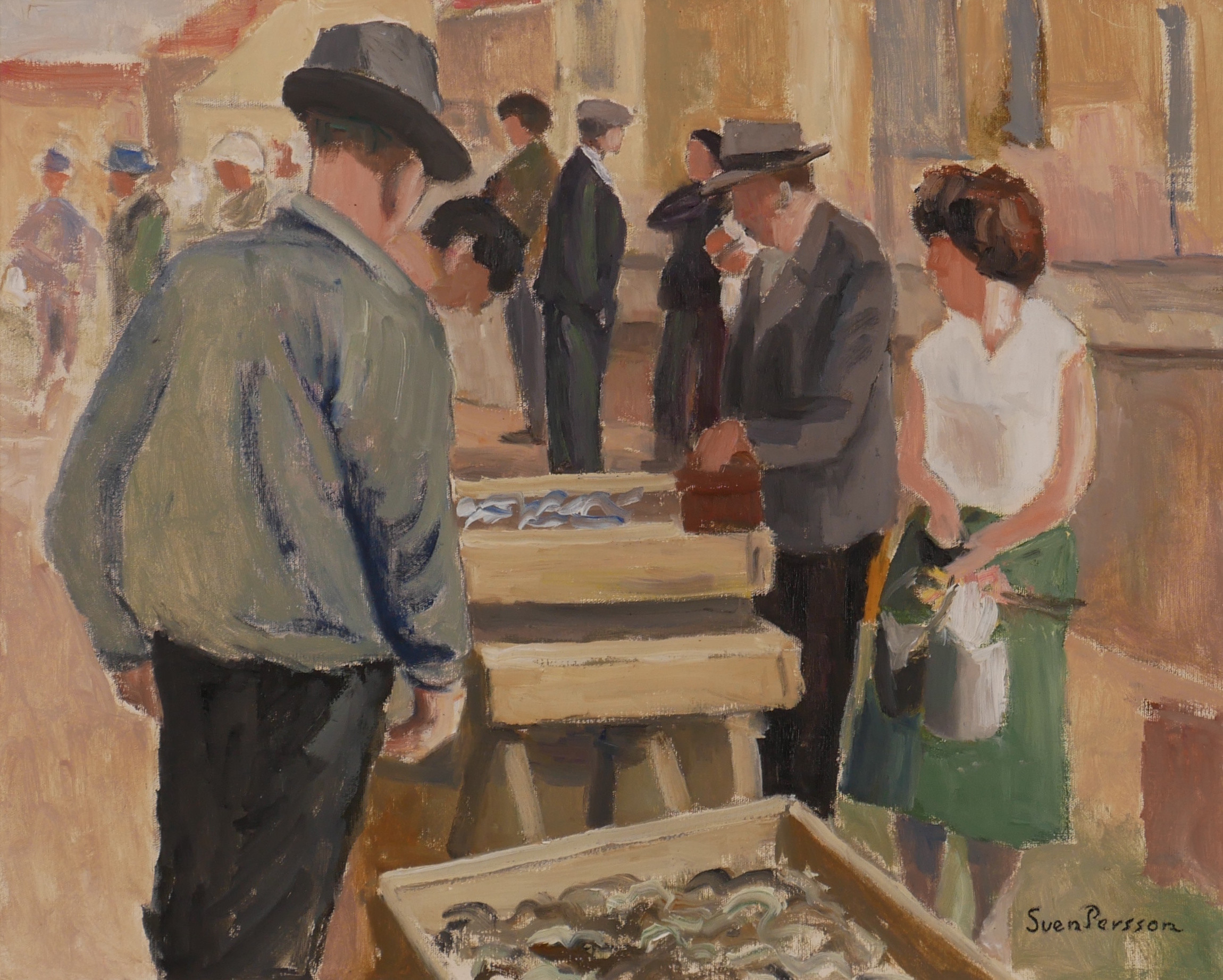 SVEN PERSSON. "Fisktorget, Karlshamn", olja på duk, signerad Sven Persson.