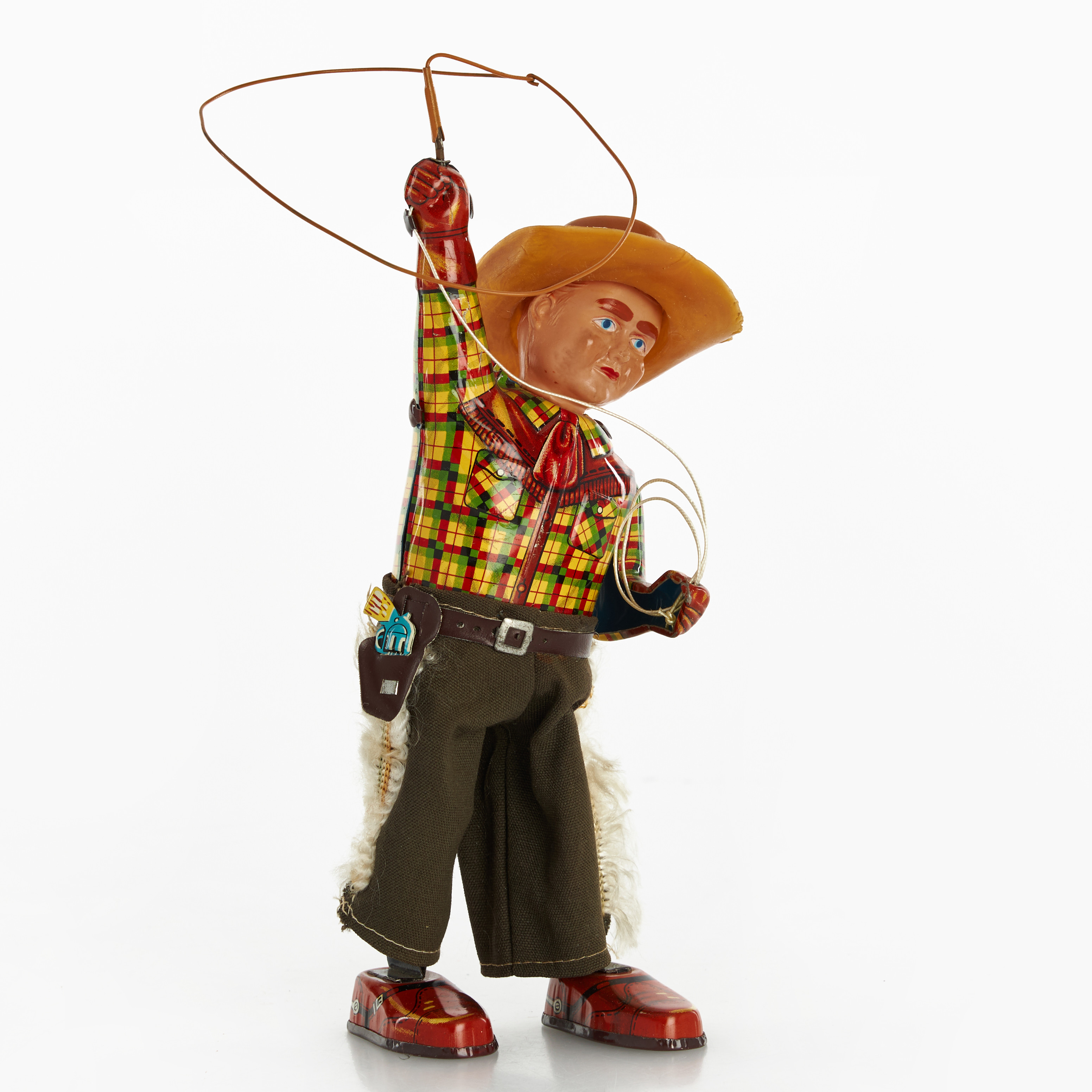 ALPS, "Cowboy with Whirling Lasso", litograferad plåt/plast, mekanisk, originalkartong, Japan, 1960-tal.