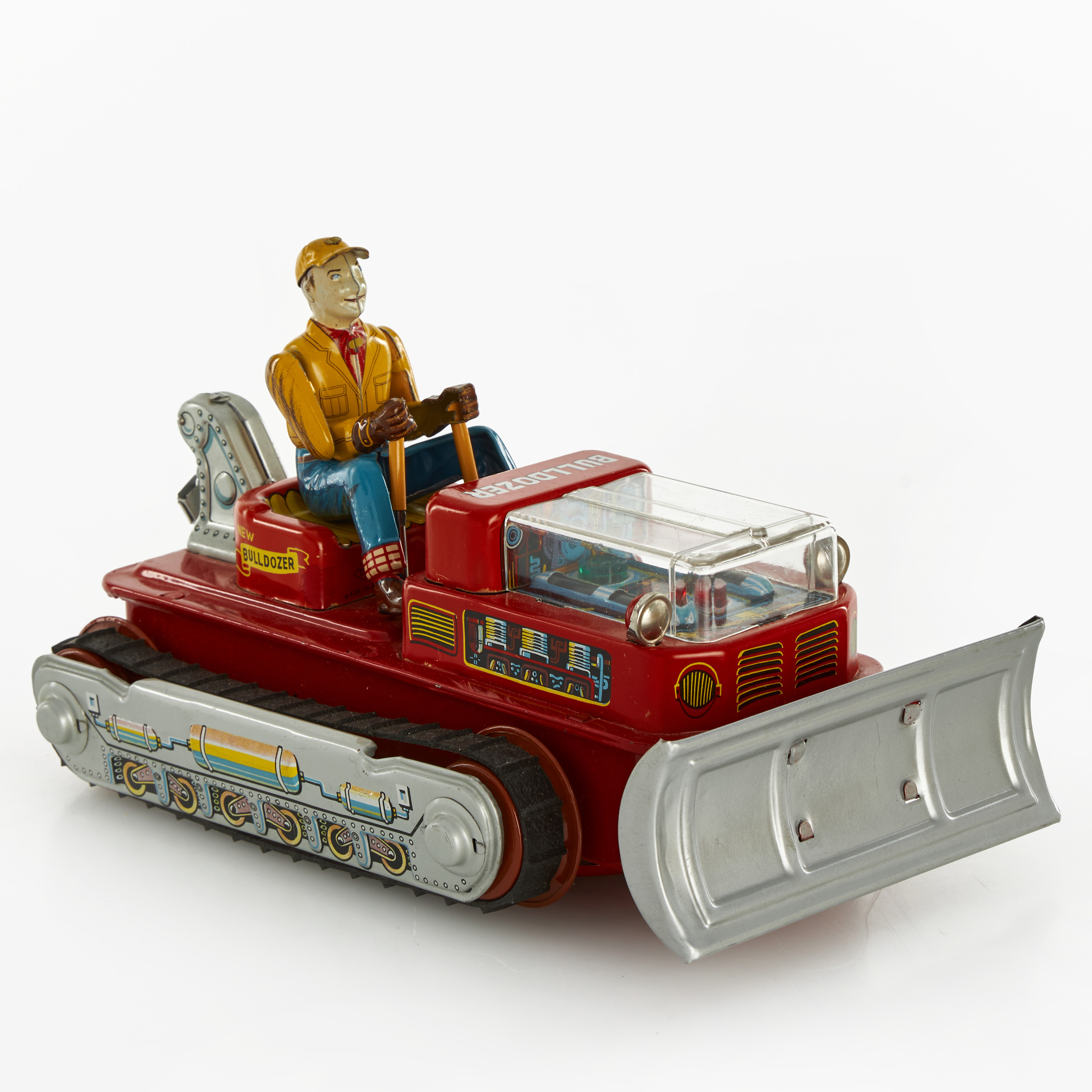 NOMURA TOY LTD, "Magic Action Bulldozer", litograferad plåt/plast, batteri, originalkartong, Japan, 1960-tal.