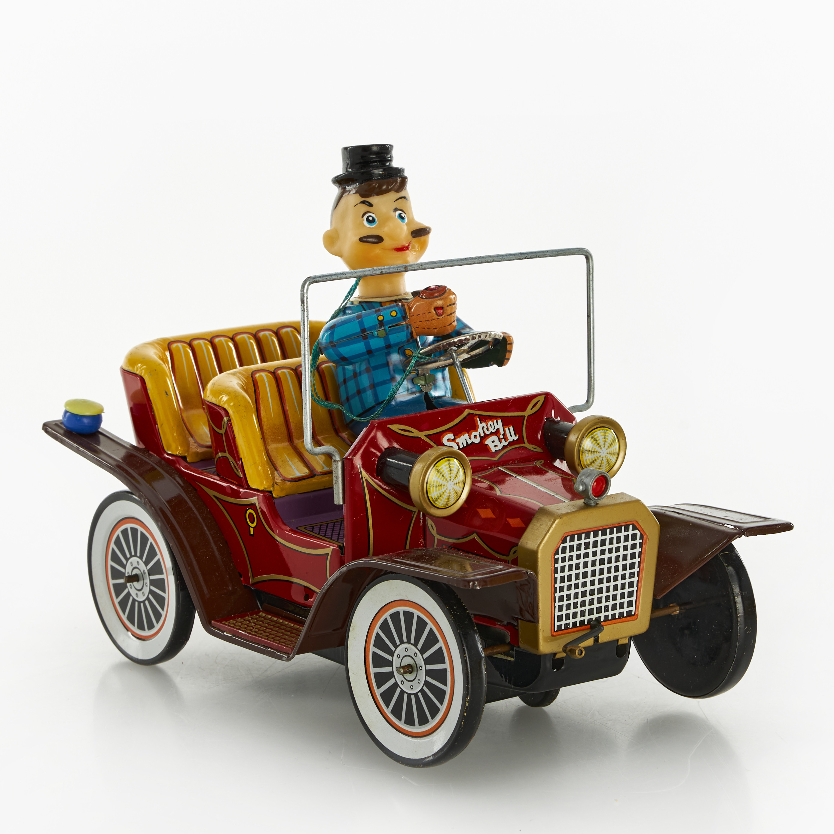 NOMURA TOY LTD, "Smokey Bill on Old Fashioned Car", litograferad plåt/plast, batteri, originalkartong, Japan, 1960-tal.