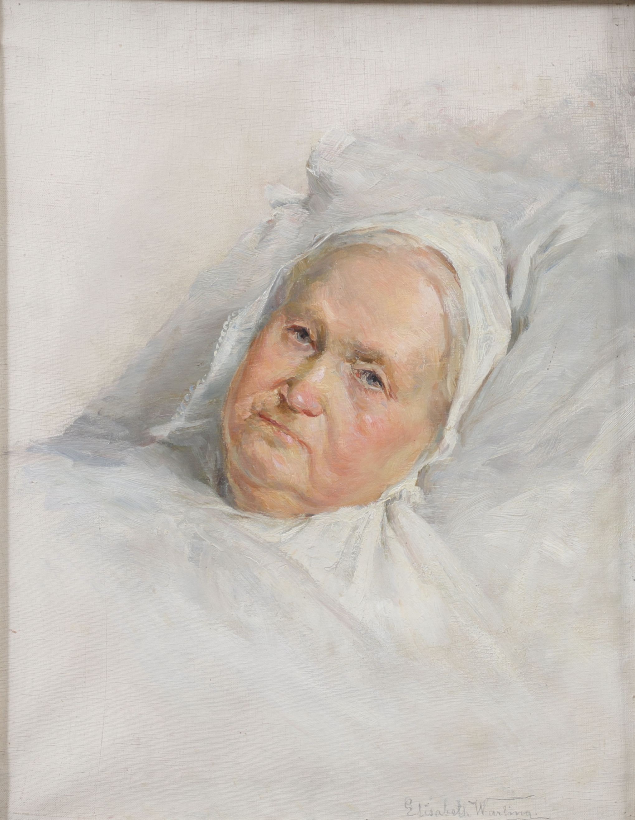 ELISABETH WARLING. Gumma till bädds, olja på duk, signerad, 1800-tal.