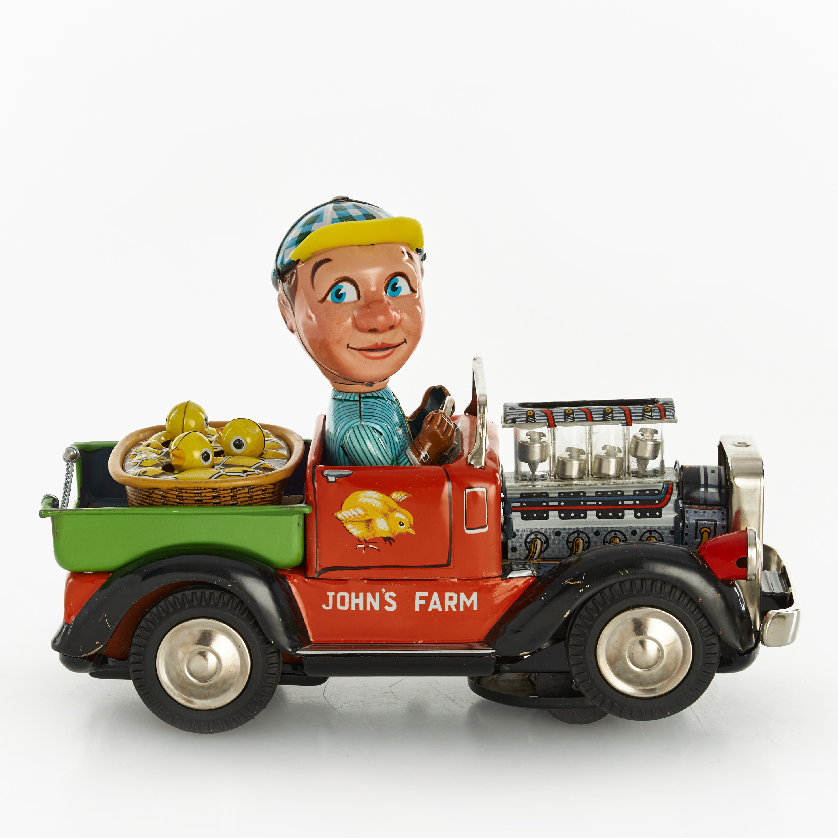 NOMURA TOY, "Mystery Piston Action Farm Truck", litograferad plåt/plast, batteri, originalkartong, Japan, 1950-tal.