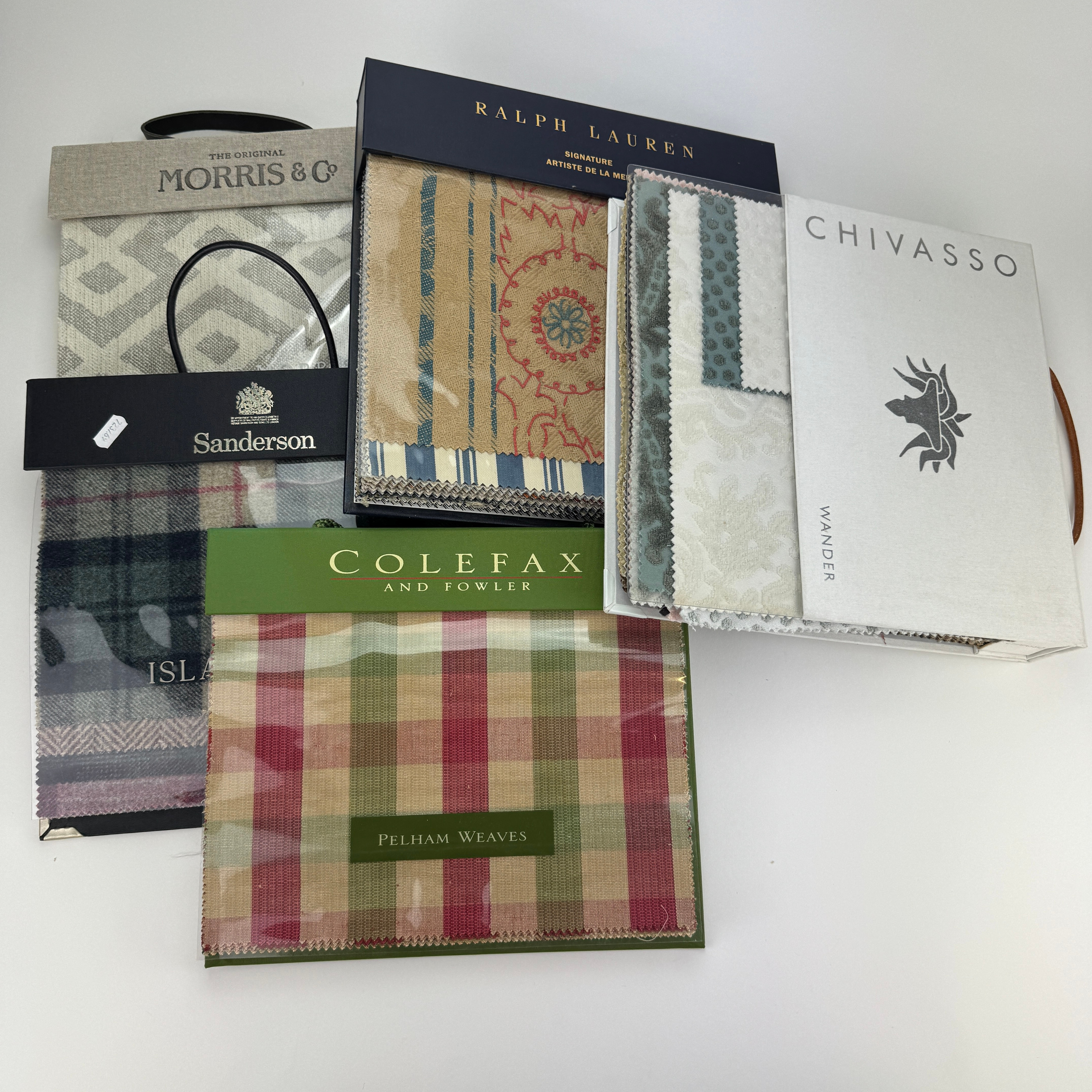 TYGPROVER, 5 pärmar, bland annat Ralph Lauren, Morris & Co.