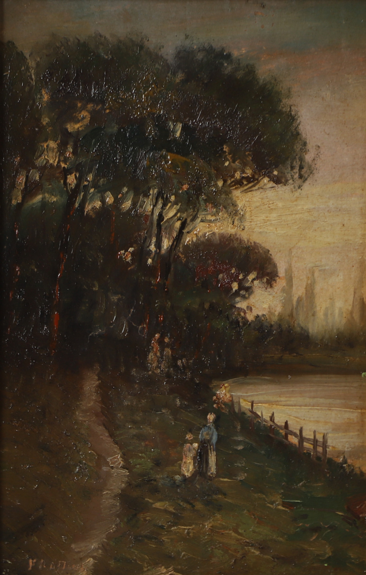 OIDENTIFIERAD KONSTNÄR. Sjölandskap med figurer, olja på pannå, otydligt signerad.