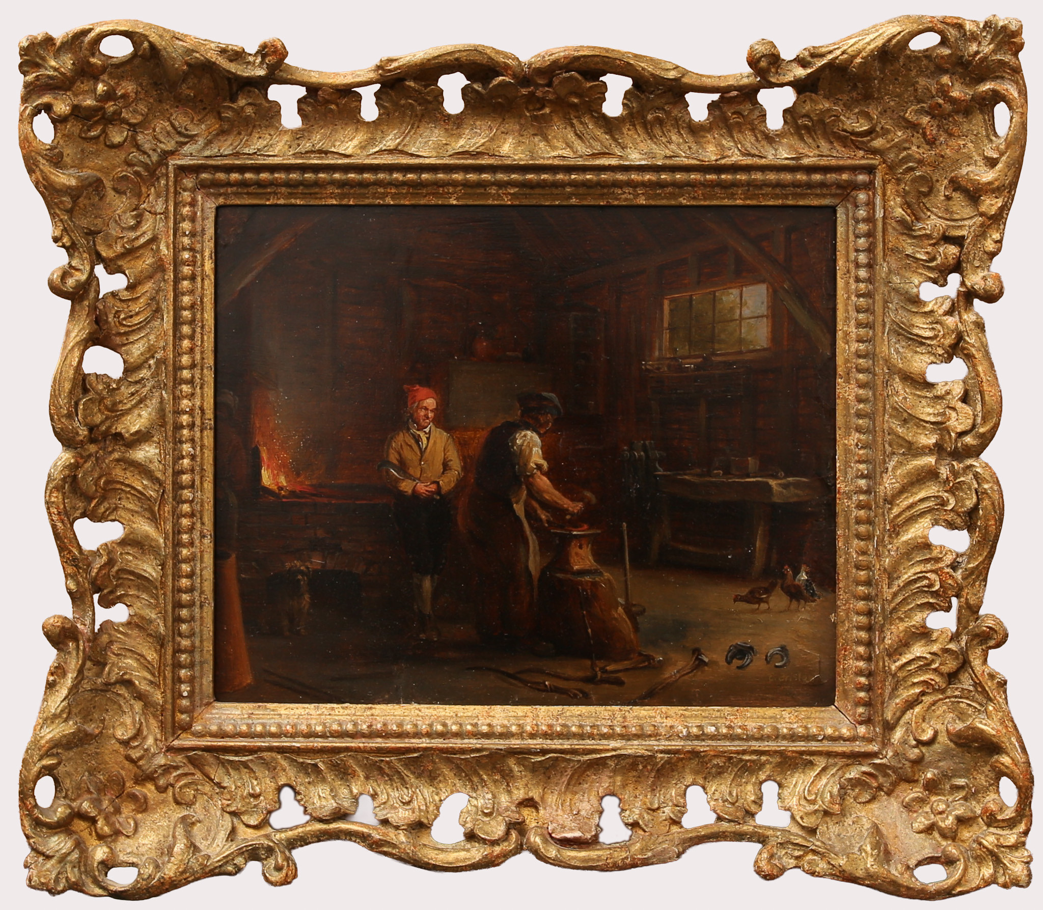 EDMUND BRISTOW. Olja på pannå, smed i arbete vid sitt städ, signerad.