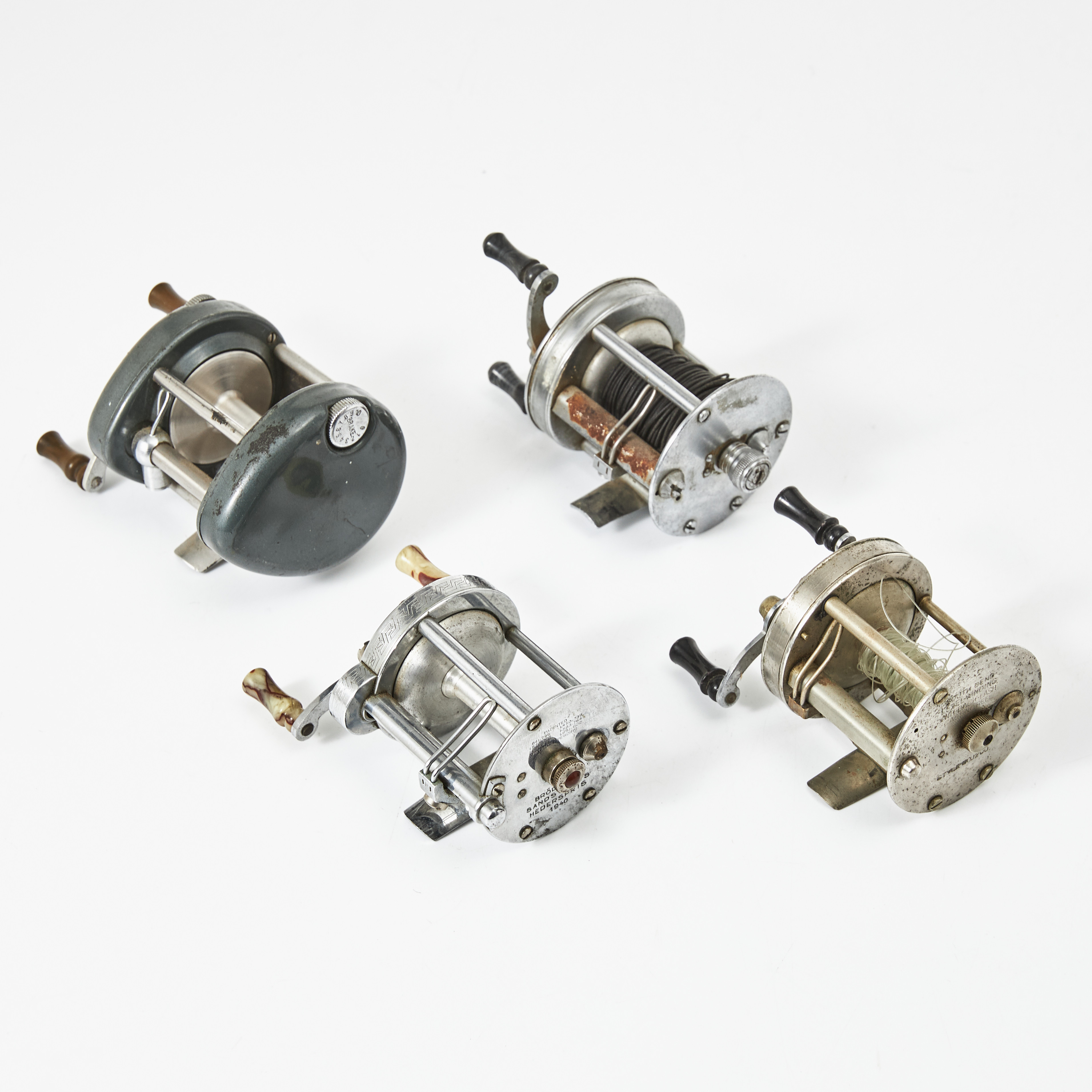 FISKERULLAR, 4 st, Ocean City, Pflueger Akron, Cycloid och South Bend Bait Co, USA.