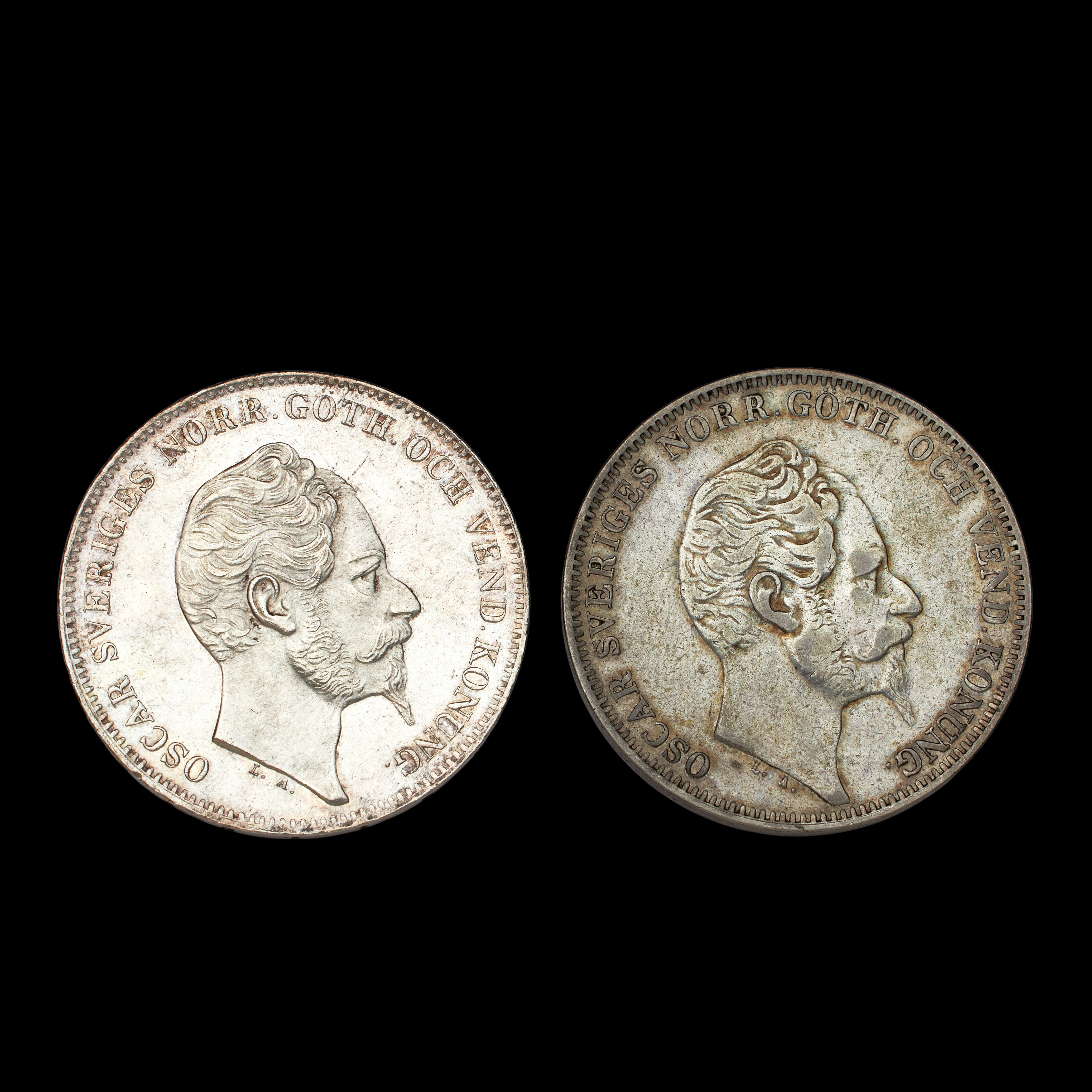 SILVERMYNT, 2 st, Oscar I, 4 riksdaler silvermynt 1856 och 1859.