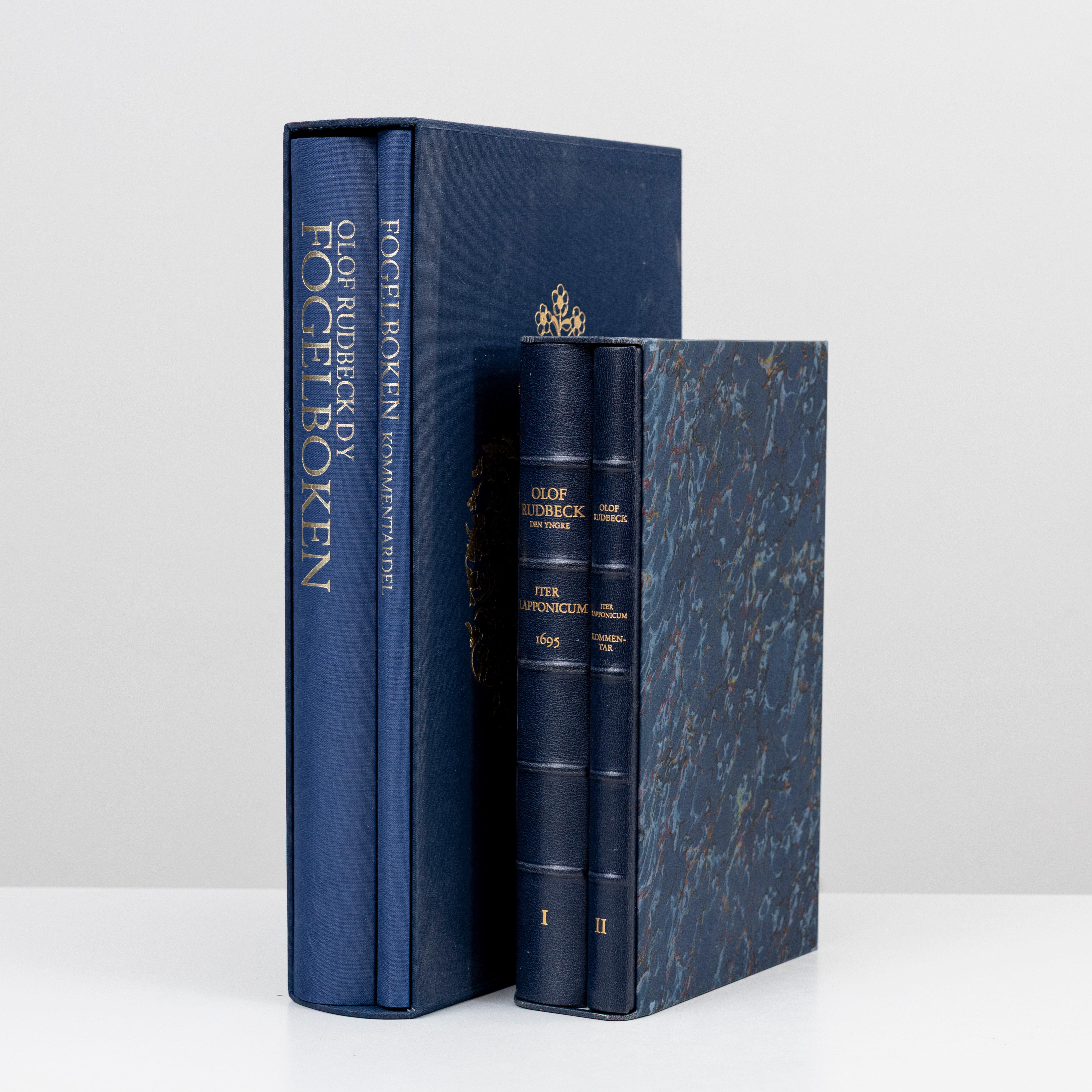 OLOF RUDBECK DY. EFTER. "Fogelboken" samt "Iter Lapponicum" 2+2 volymer, faksimilutgåvor i kassetter, René Coeckelberghs Editioner. 1985-87.