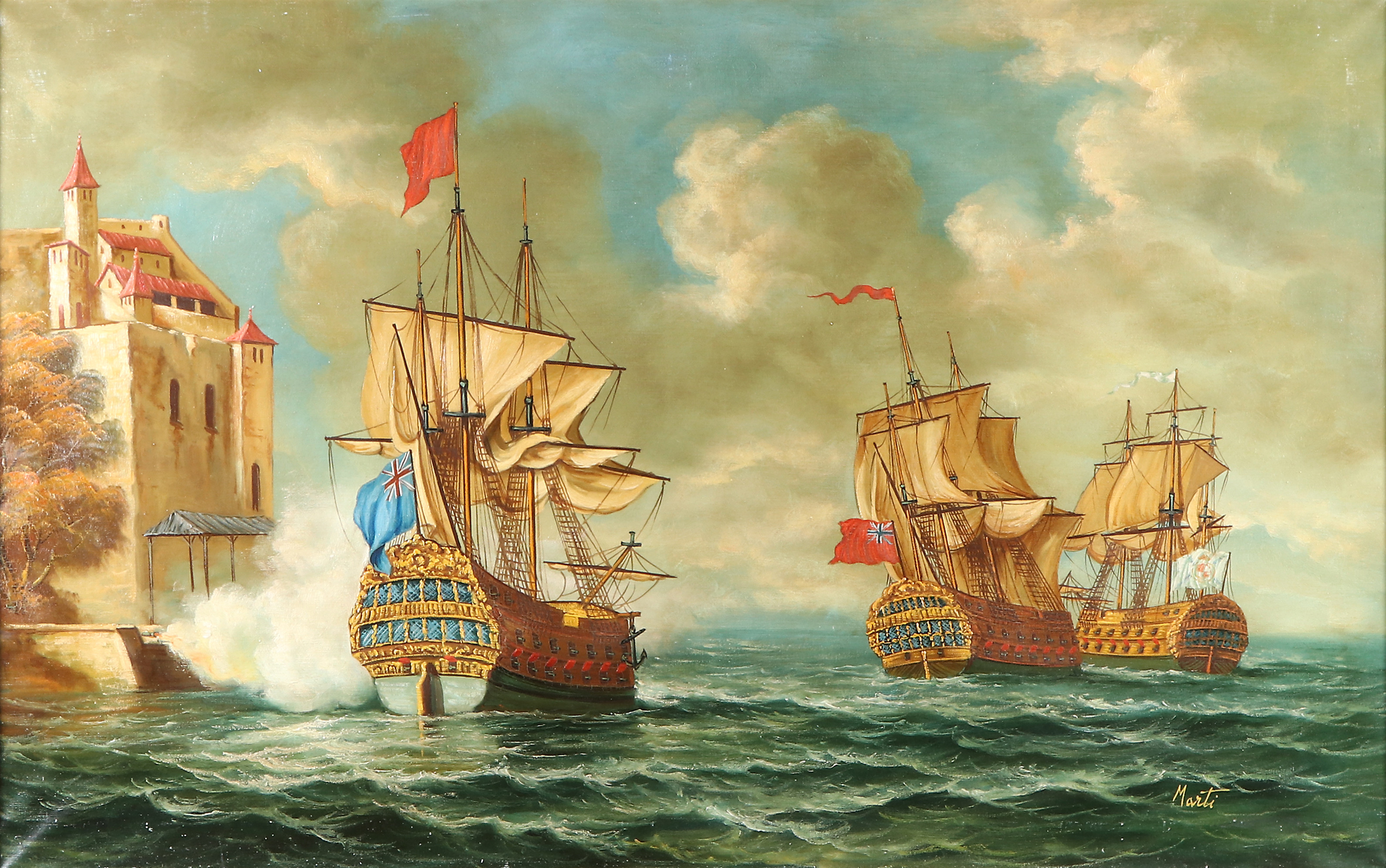 OIDENTIFIERAD KONSTNÄR, SIGNERAD MARTI. Oljemålnign på duk. Segelfartyg.