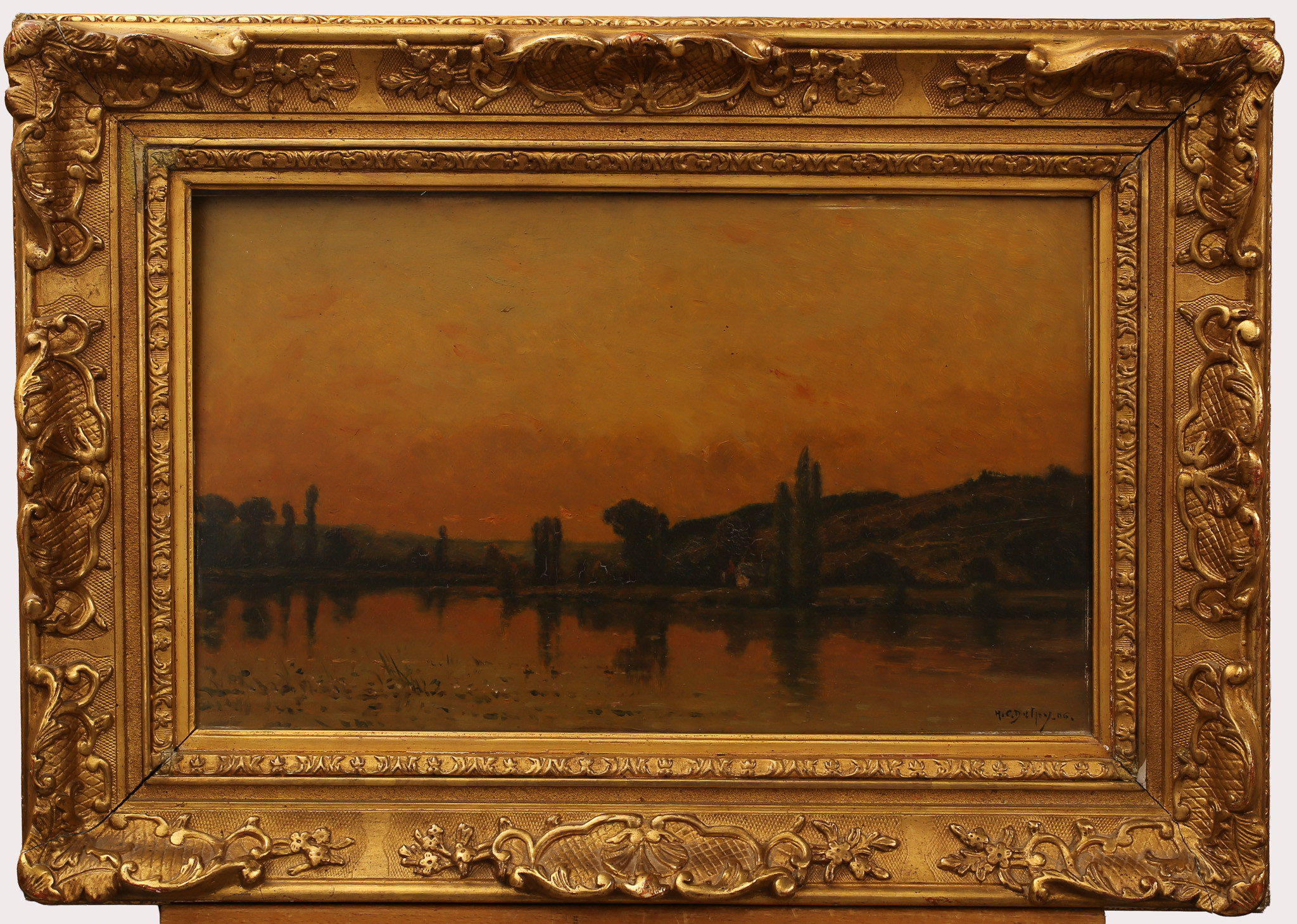 HIPPOLYTE CAMILLE DELPY. Olja på pannå, landskap med sjö, signerad , daterad 1906.