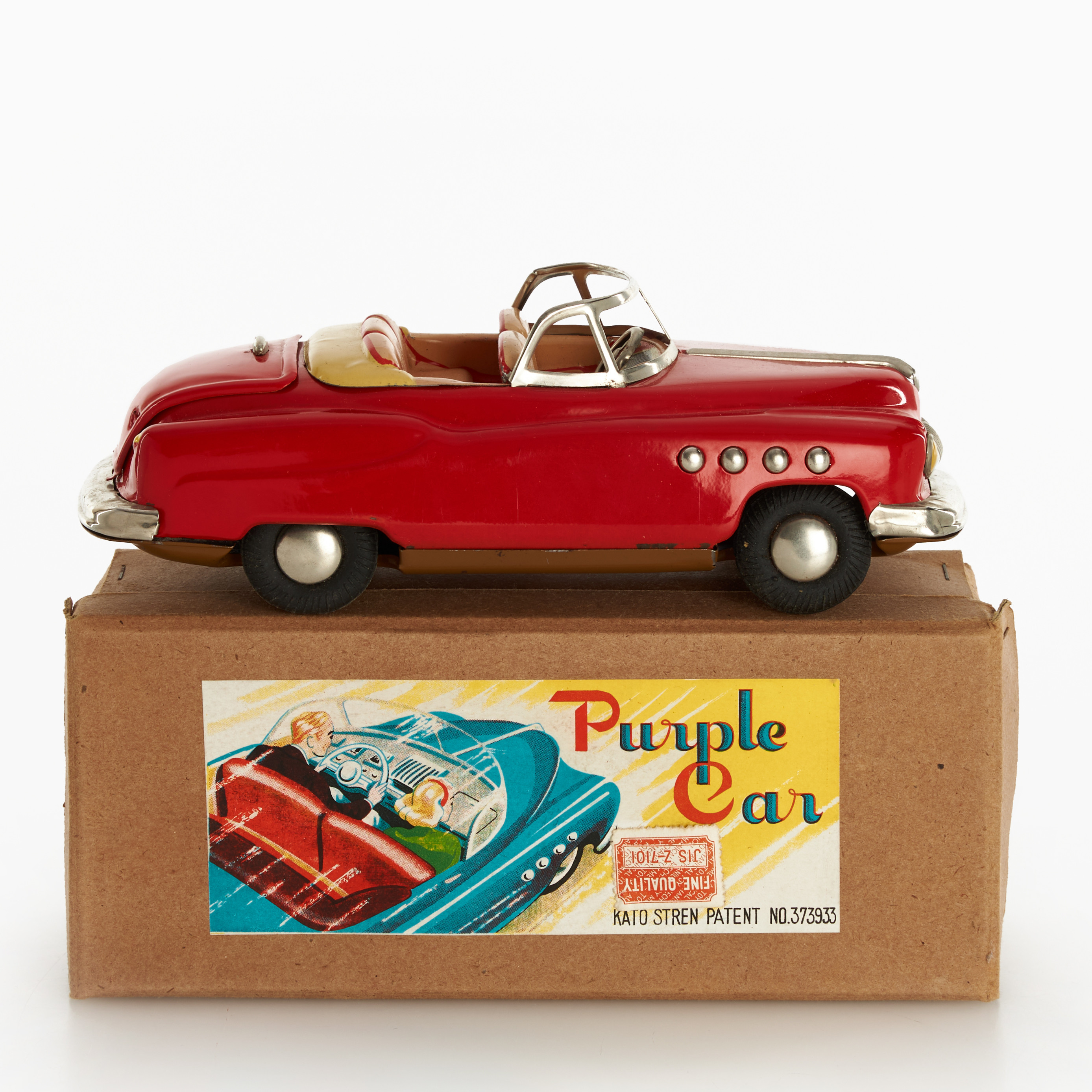 NIHON BOEKI, "Purple Car", lackerad/litograferad plåt, friktion, originalkartong, Japan, 1960-tal.