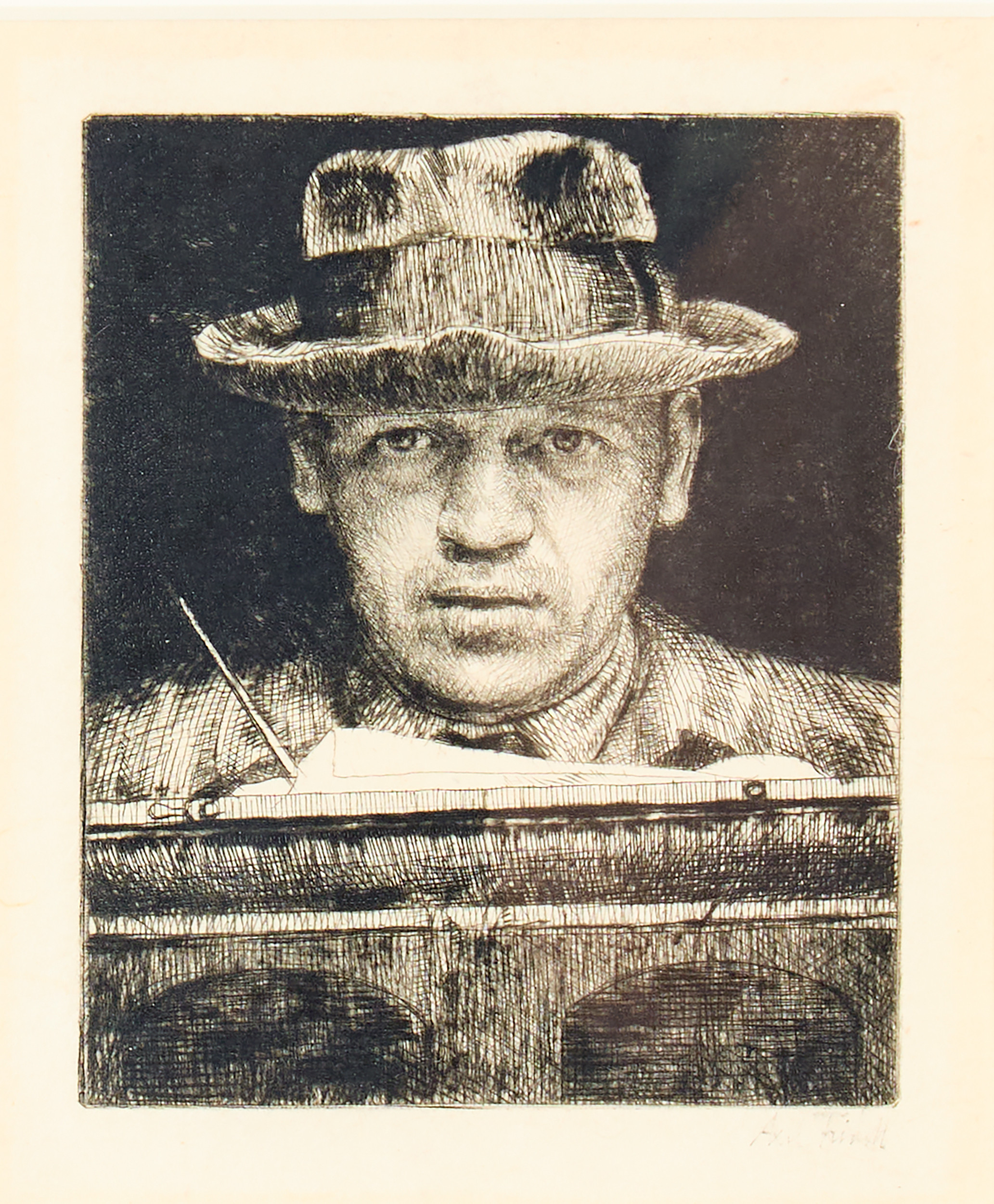 AXEL FRIDELL. "Självporträtt med hatt, etsande (Självporträtt VIII)", London 1929.