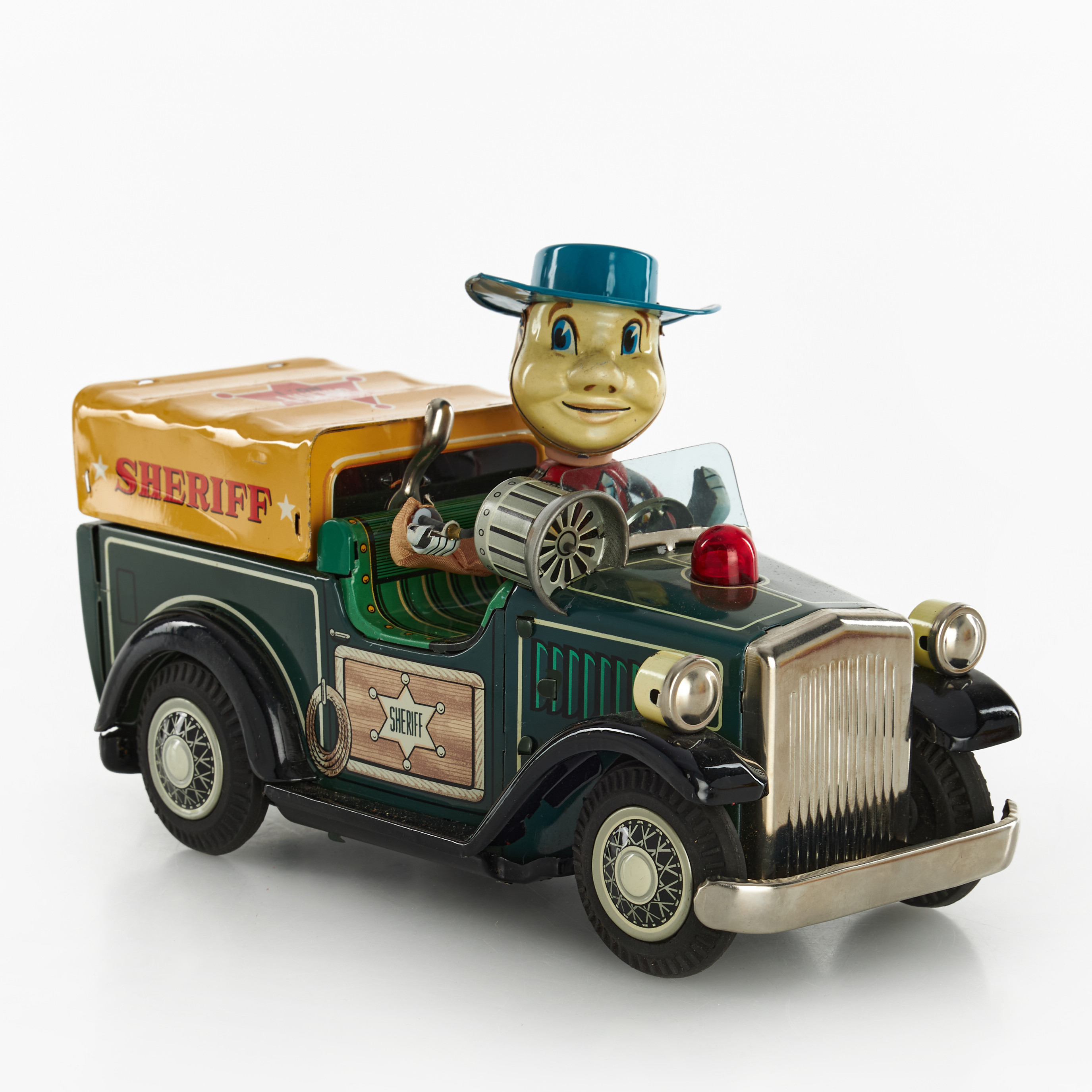 NOMURA TOYS, "Sheriff Car", litograferad plåt, batteri, originalkartong, Japan, 1950/60-tal.