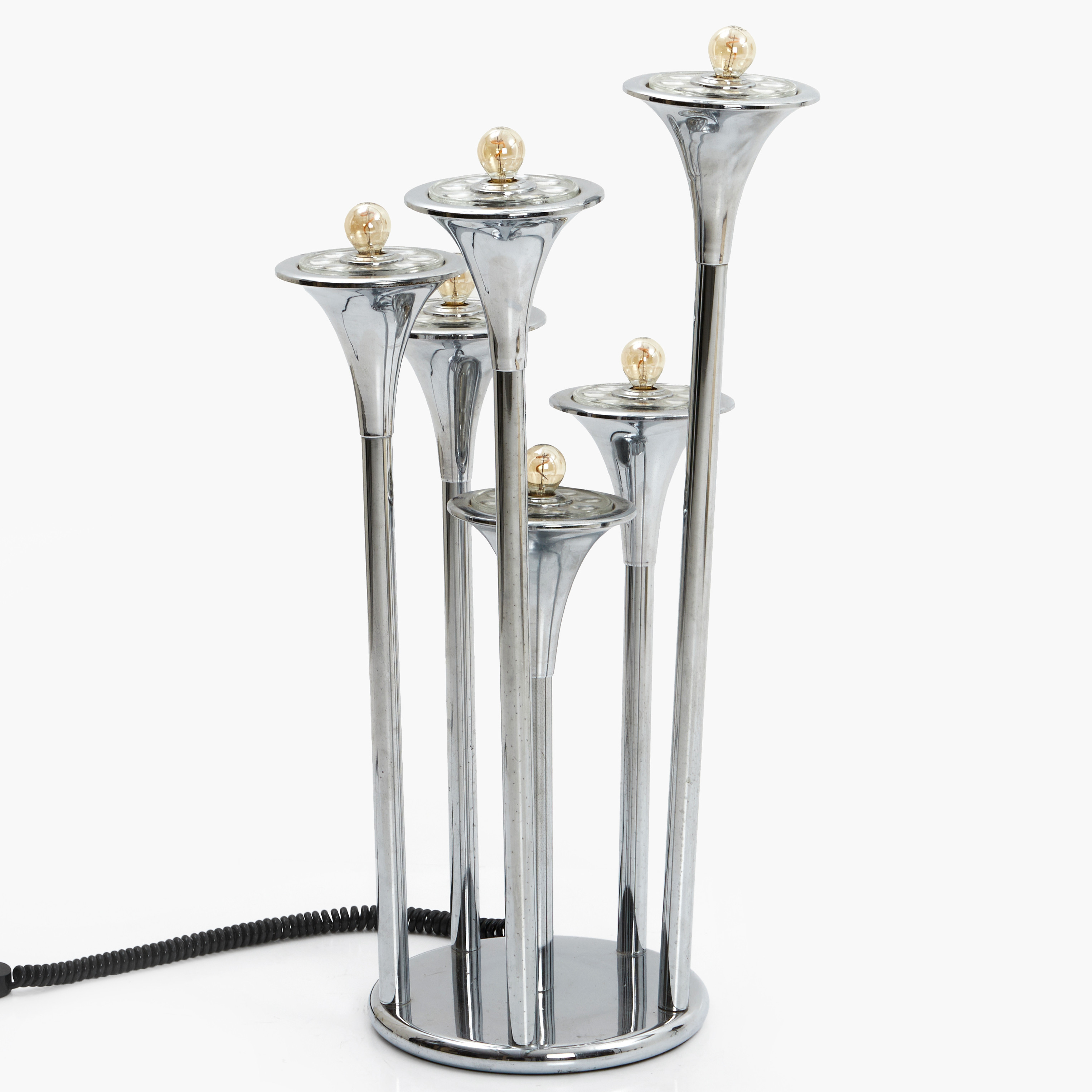 GOLVLAMPA, 6 ljuspunkter, förnicklad metall, möjligen Italien, 1970-tal.