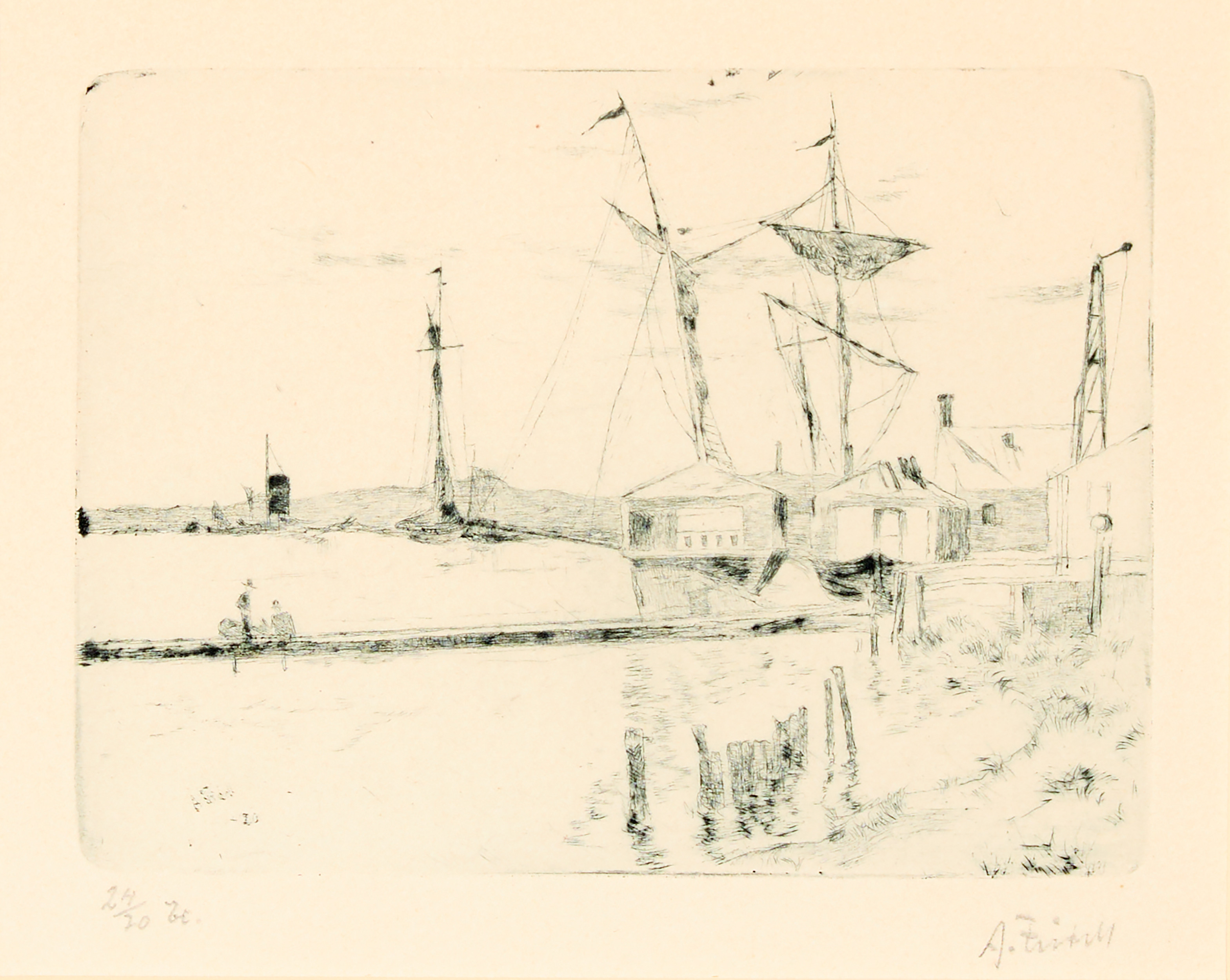 AXEL FRIDELL. "Strandbild med skutor", Visby eller Stockholm 1920.