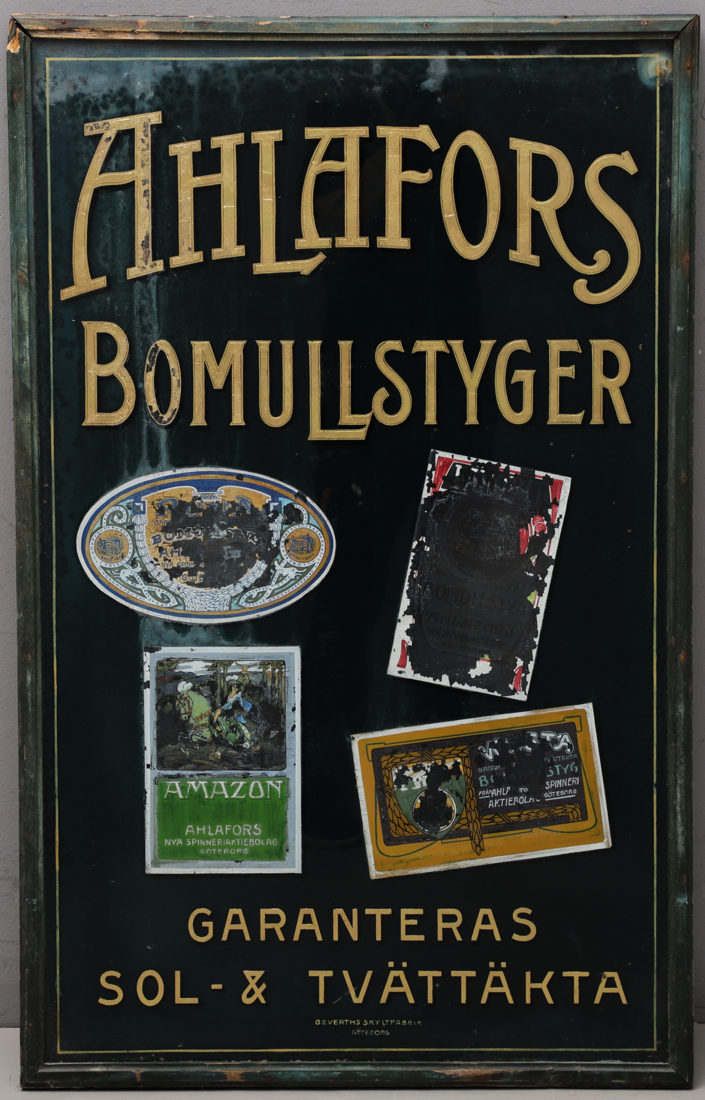 SKYLT, "Ahlafors Bomullstyger", Everths Skyltfabrik, Göteborg.